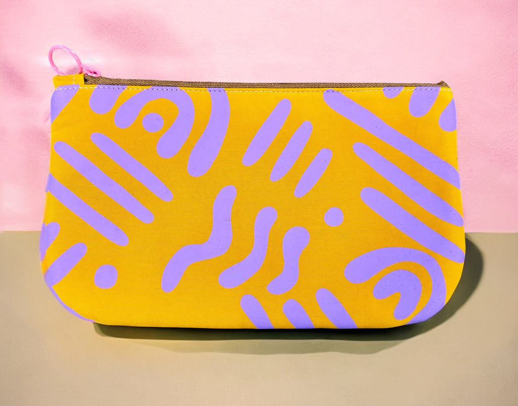 Handprinted  Waxed Cotton Pencil and Makeup Case Turquoise and Grey Checkered