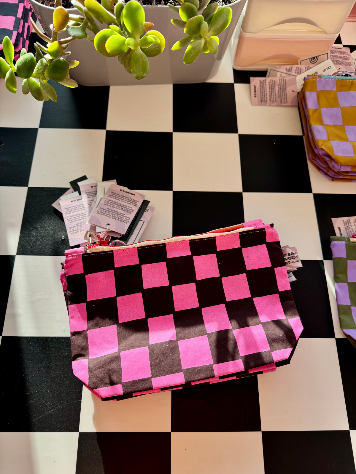 Pink and Burgundy Checkered print Small cosmetic bag