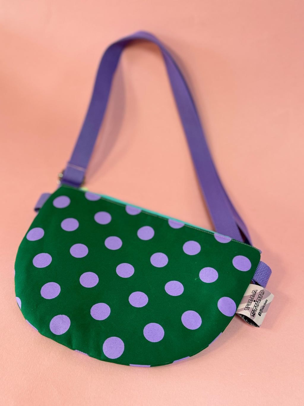 Trendy Purple and Green Polka Dots Semi Circle Crossbody Bag