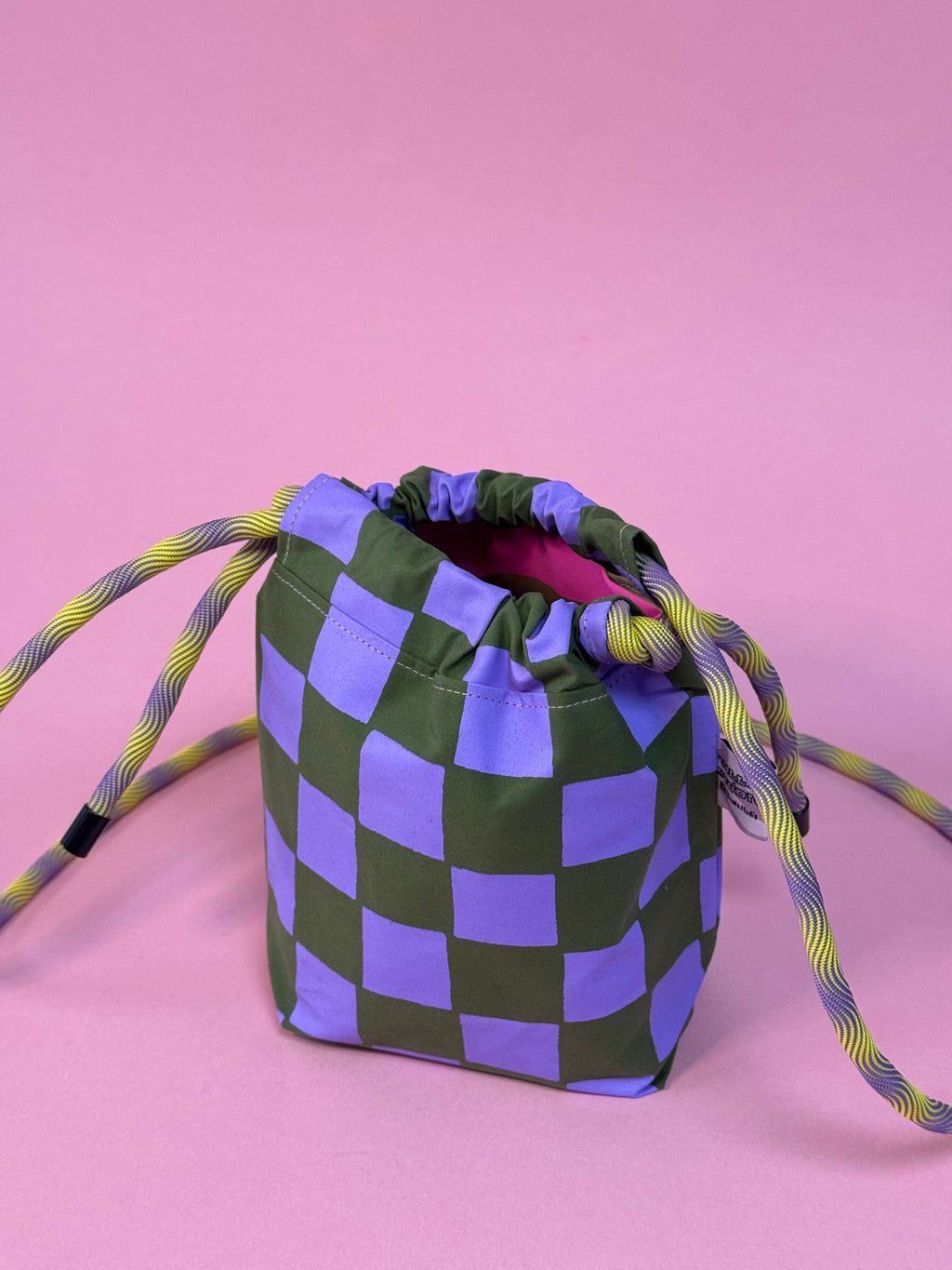 Mini Drawstring Crossbody - Funky Waxed Cotton Bag for Festivals & Dog Walks Purple and Green Checkered