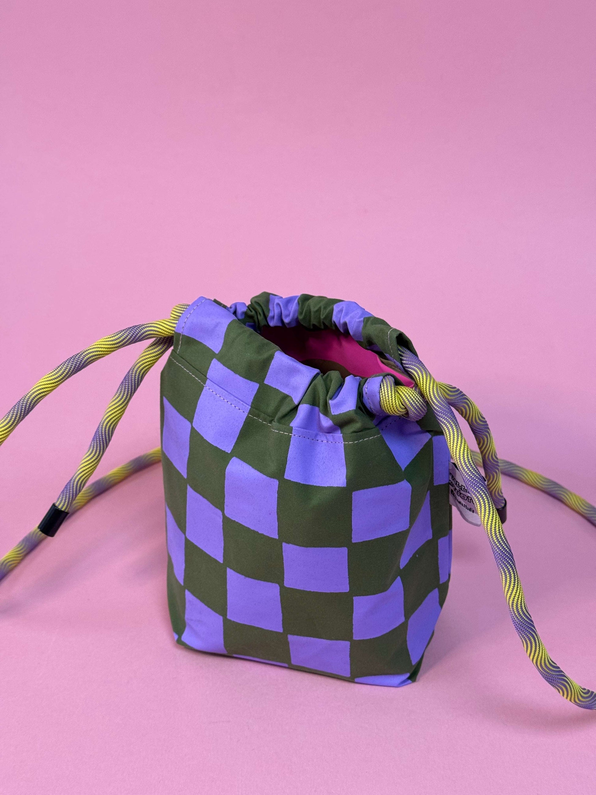 Mini Drawstring Crossbody - Funky Waxed Cotton Bag for Festivals & Dog Walks Purple and Green Checkered