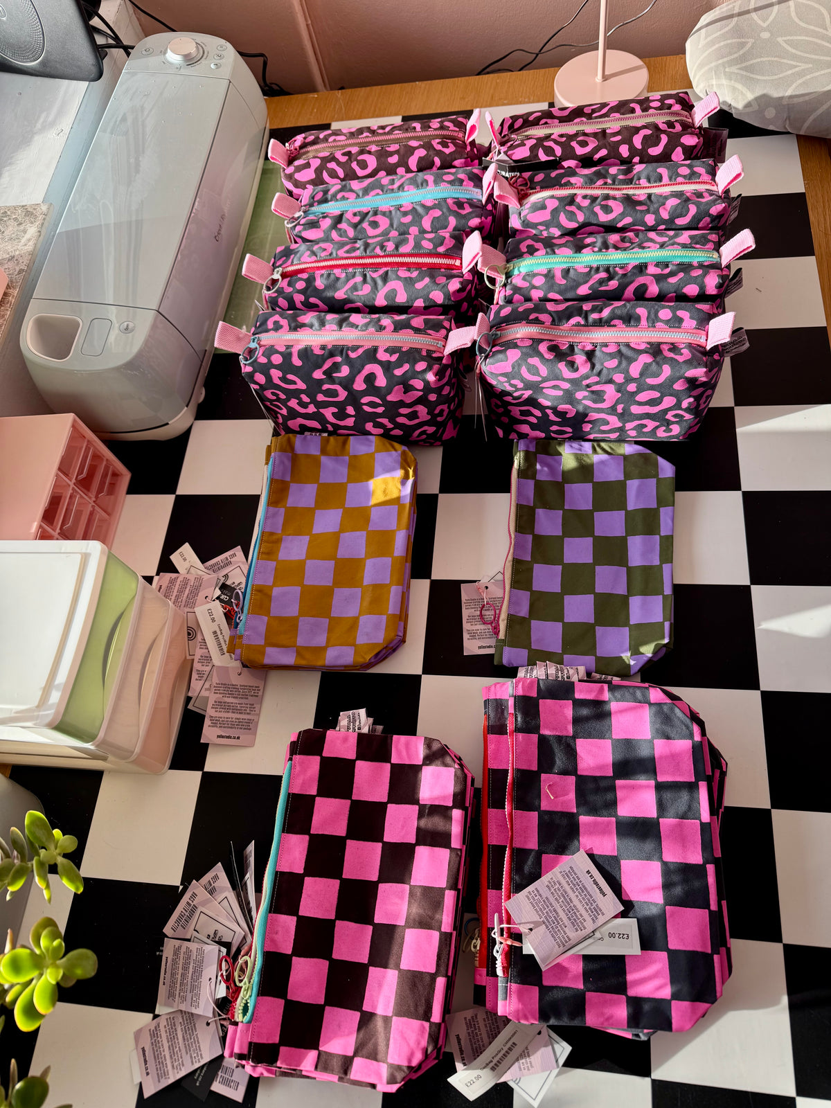 Pink and Burgundy Checkered print Small cosmetic bag