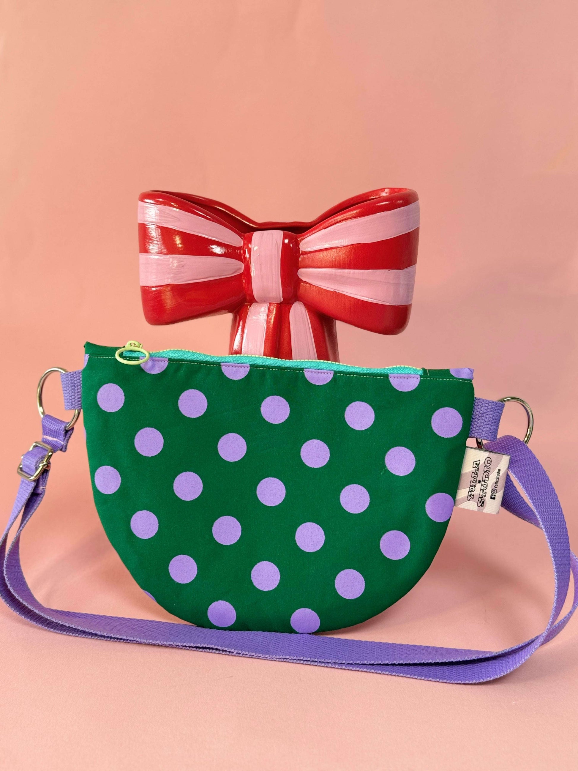 Trendy Purple and Green Polka Dots Semi Circle Crossbody Bag