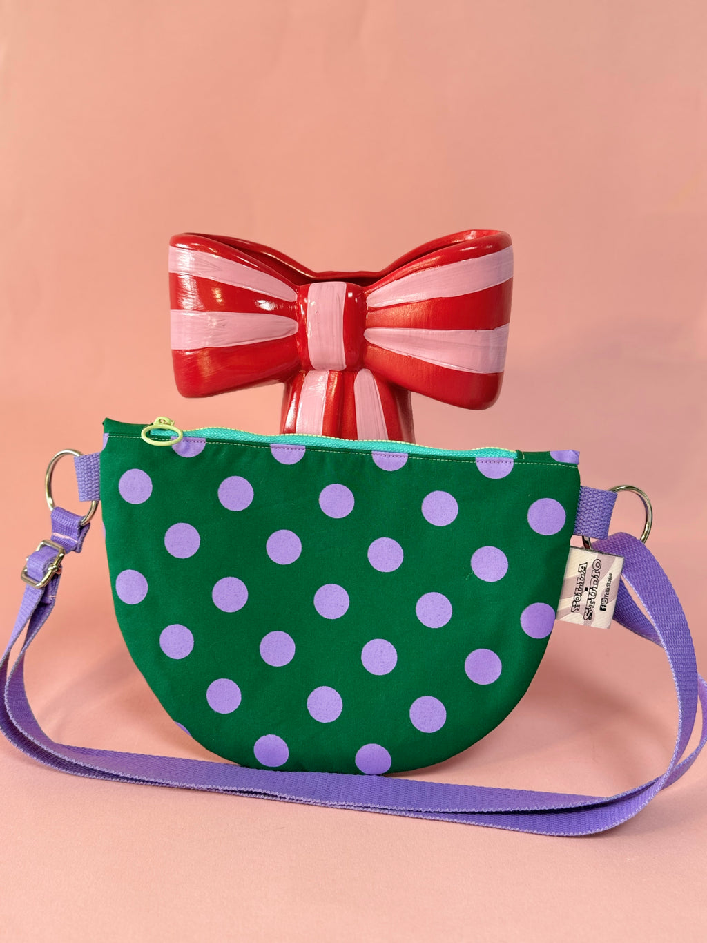 Trendy Purple and Green Polka Dots Semi Circle Crossbody Bag
