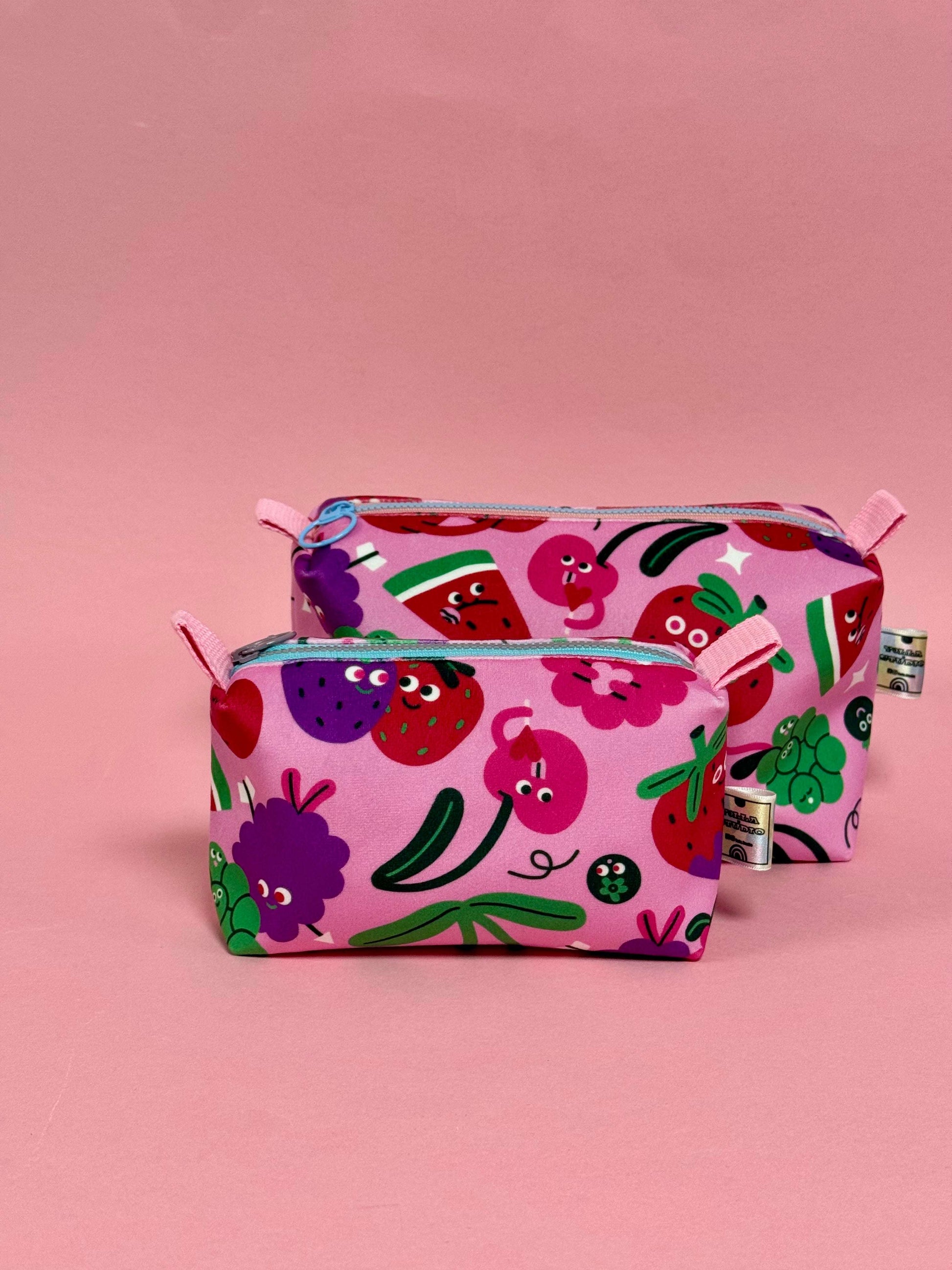 Mini Velvet Boxy Pouch -Fruity Illustration Travel Case - Dundee Made