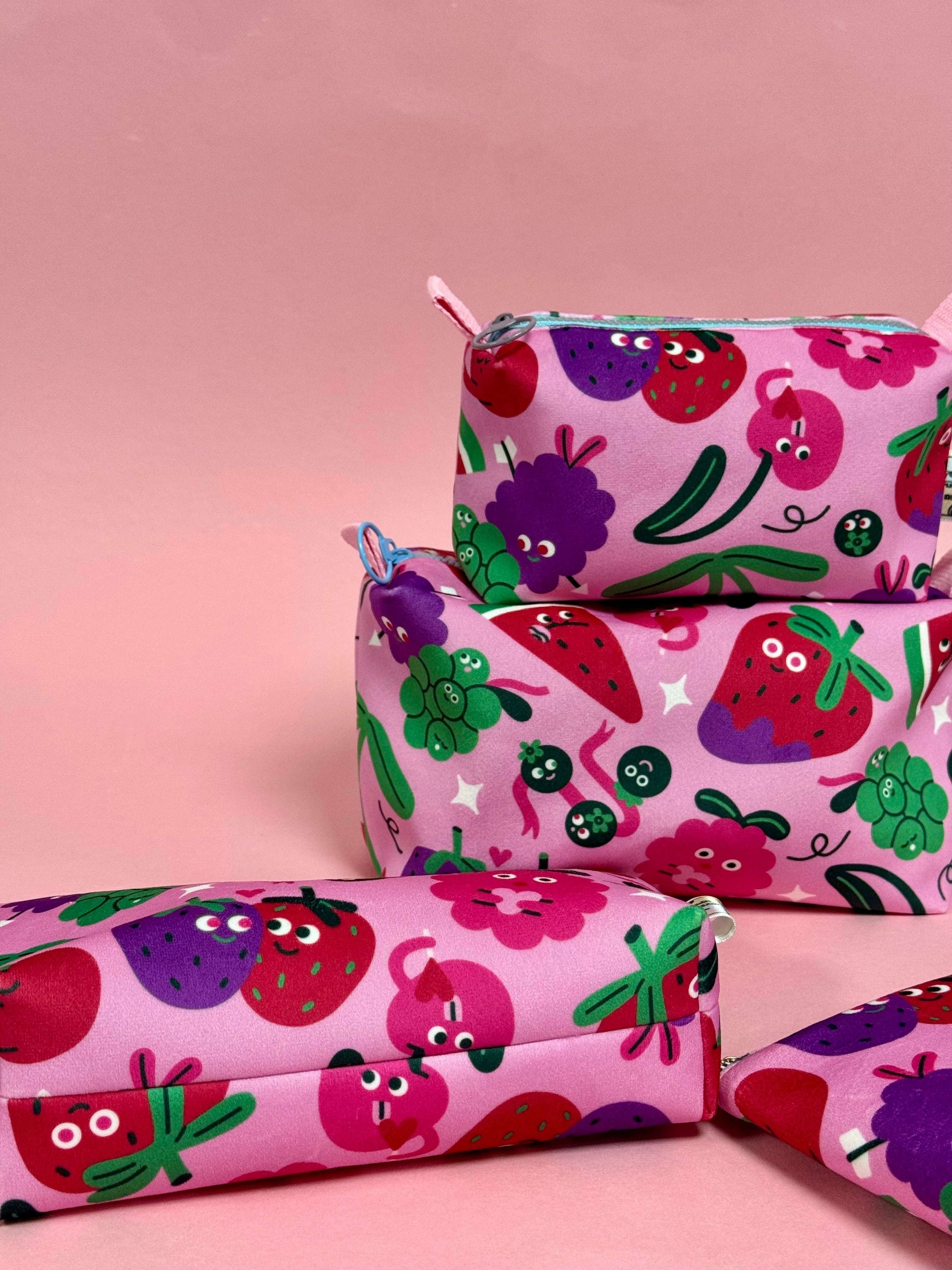 Mini Velvet Boxy Pouch -Fruity Illustration Travel Case - Dundee Made