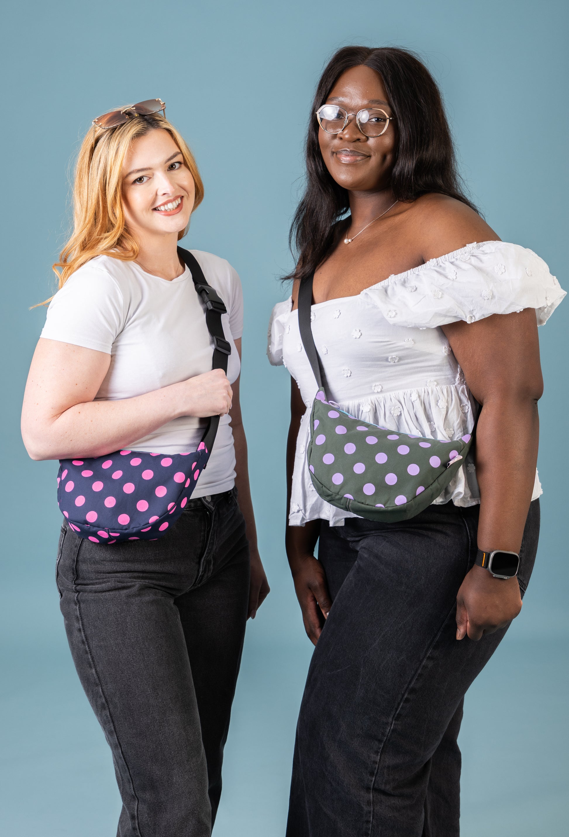 Purple and Khaki Green Polka Dot Sling Bag | Crossbody Bag | Adjustable Waxed Cotton Bag |Polka Dot Pattern Bag