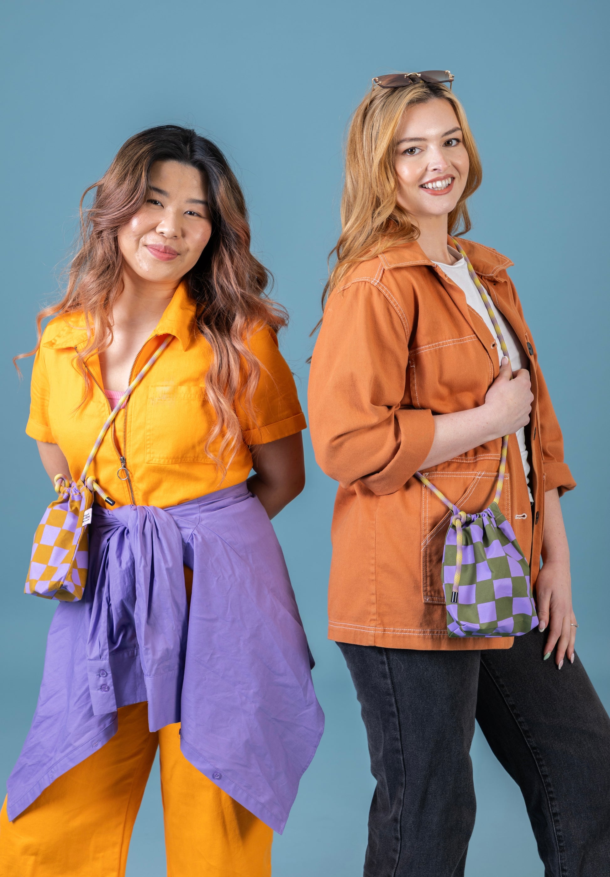 Mini Drawstring Crossbody - Funky Waxed Cotton Bag for Festivals & Dog Walks Checkered Pattern