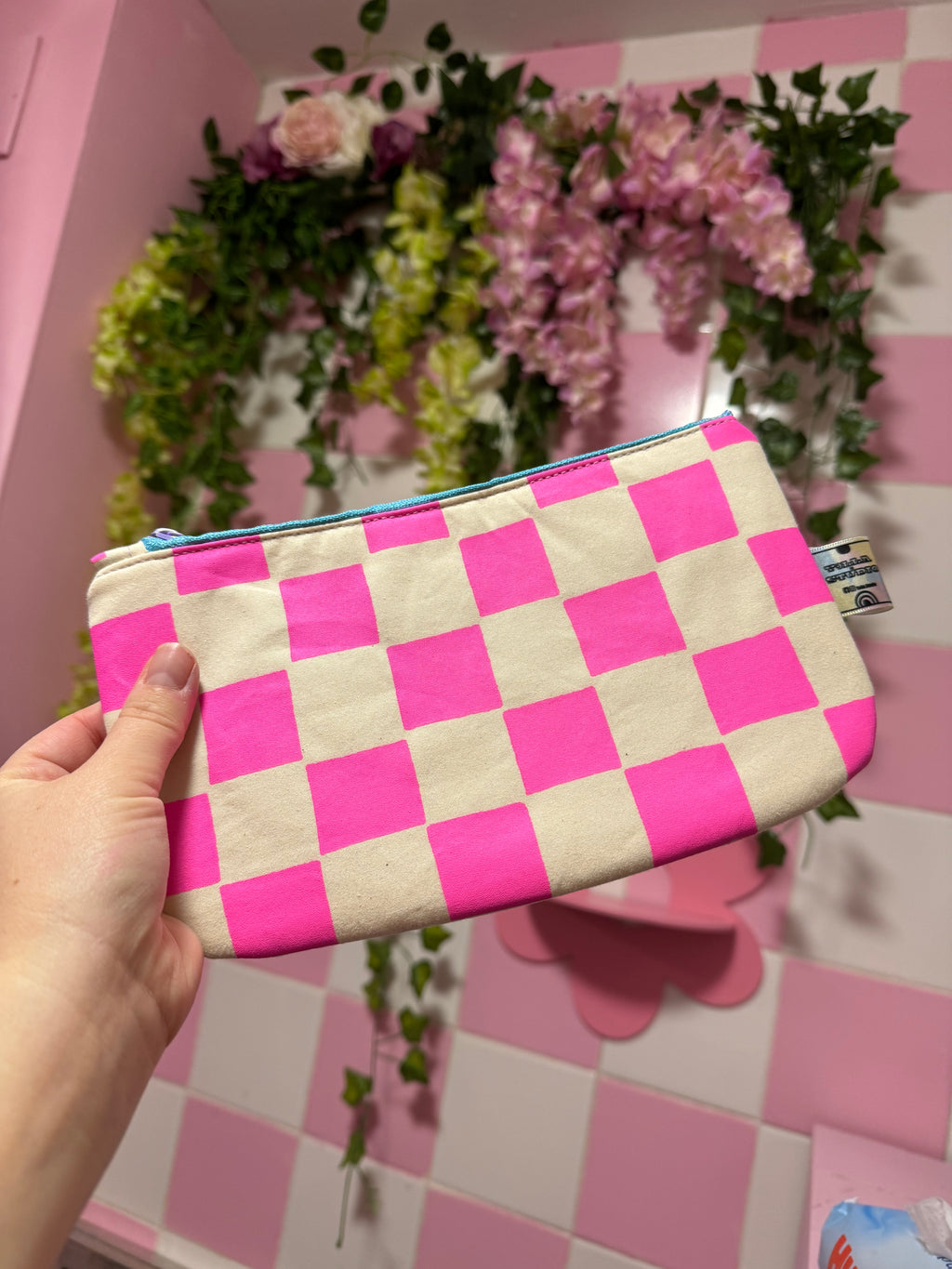 Handprinted  Waxed Cotton Pencil and Makeup Case Pink and Natural Checkered