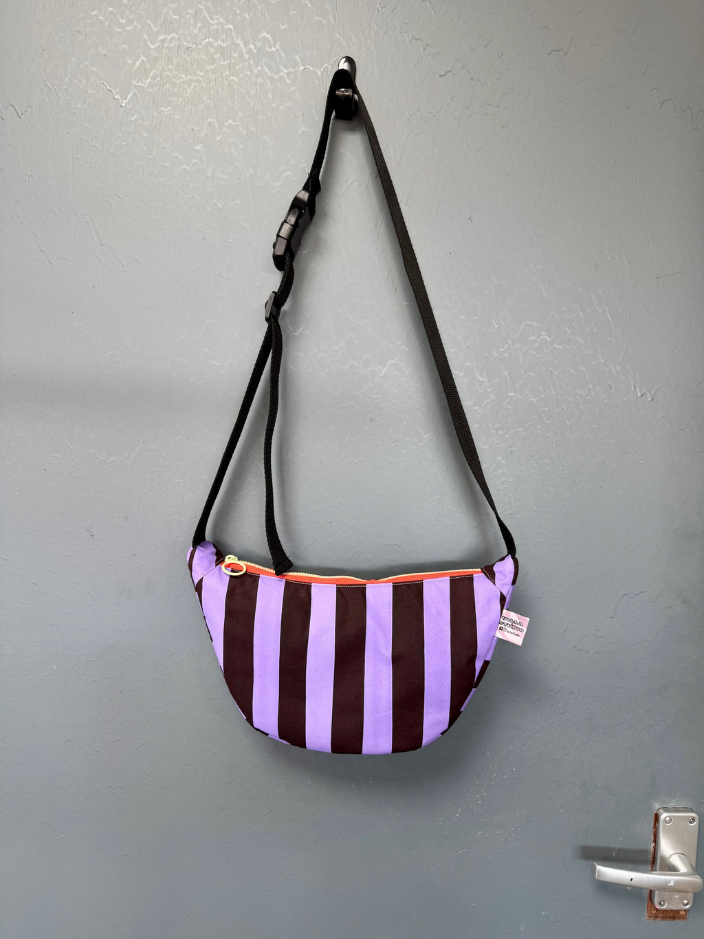 Purple and Burgundy Stripes Sling Bag | Crossbody Bag | Adjustable Waxed Cotton Bag |Stripy Pattern Bag