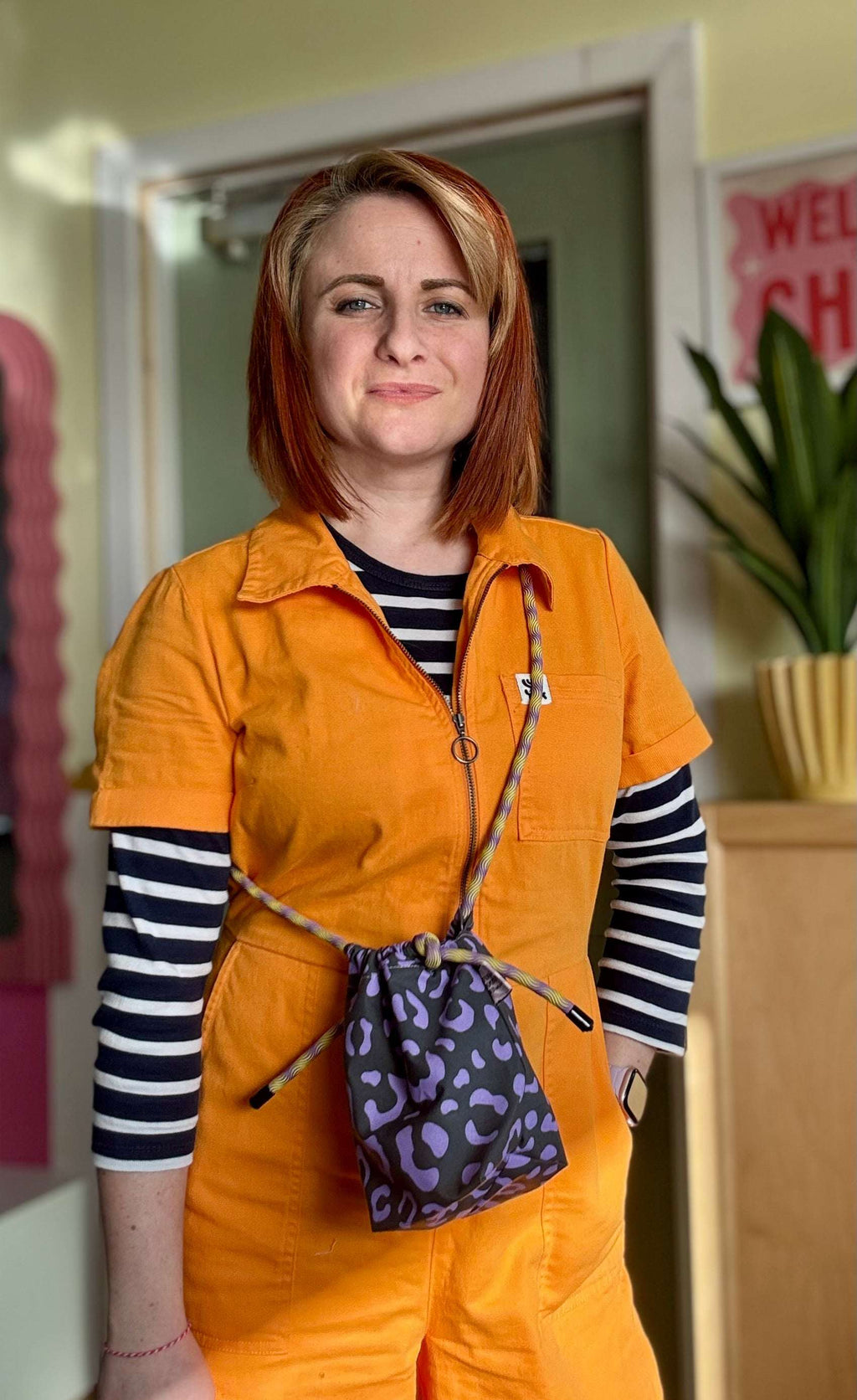 Mini Drawstring Crossbody - Funky Waxed Cotton Bag for Festivals & Dog Walks Purple and Grey Leopard