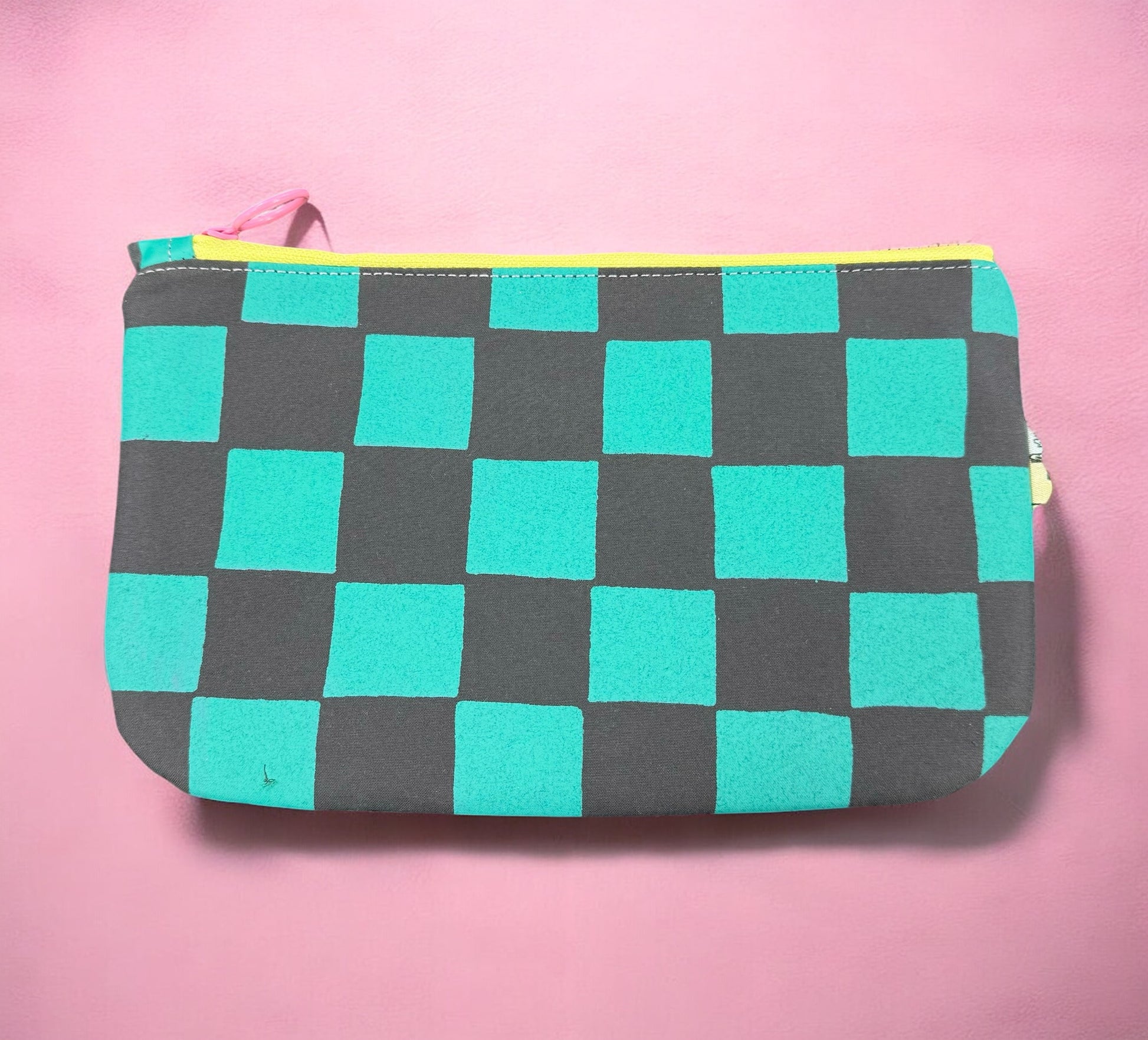 Handprinted  Waxed Cotton Pencil and Makeup Case Turquoise and Grey Checkered