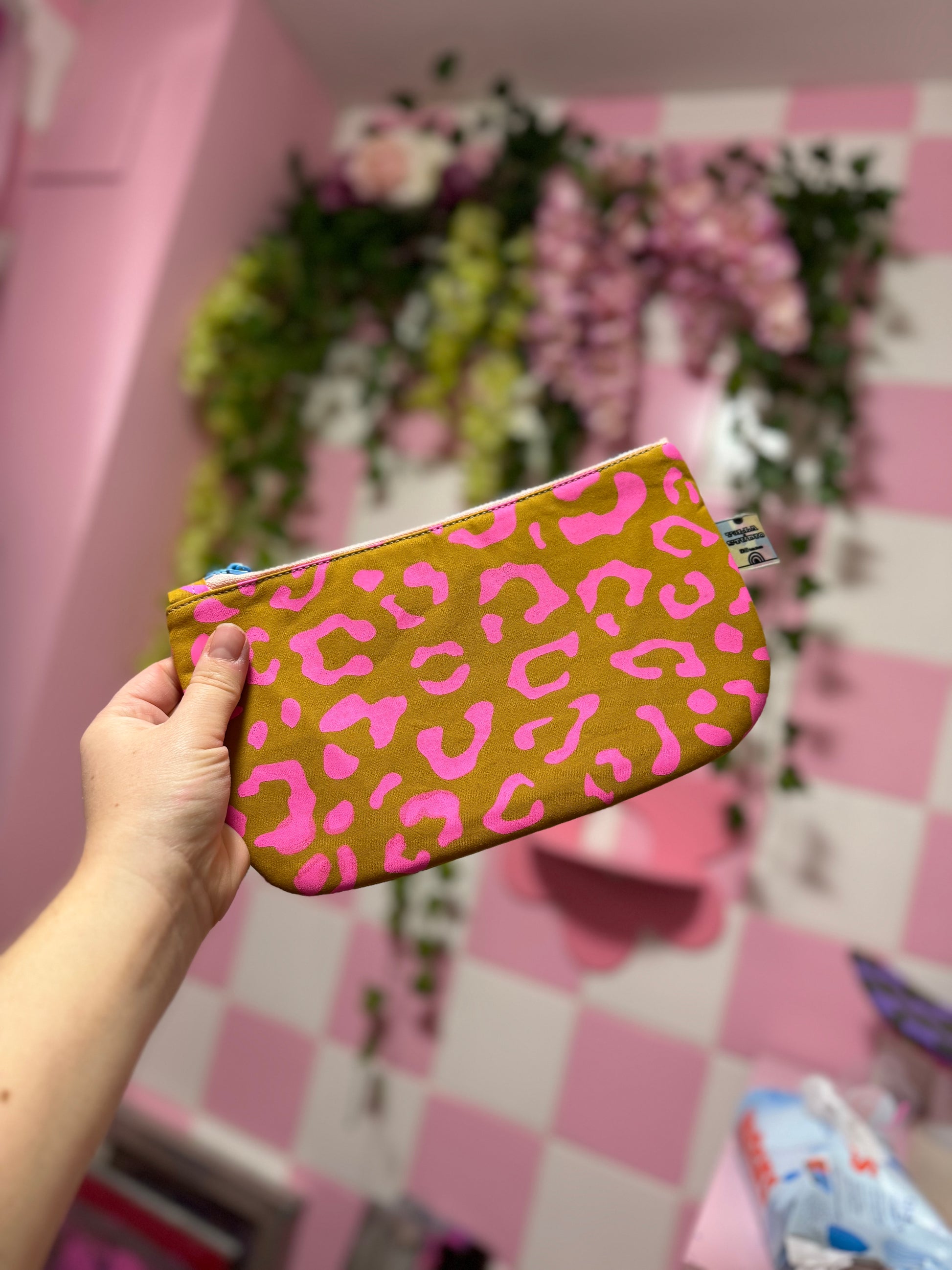 Handprinted  Waxed Cotton Pencil and Makeup Case Pink and Mustard Leopard