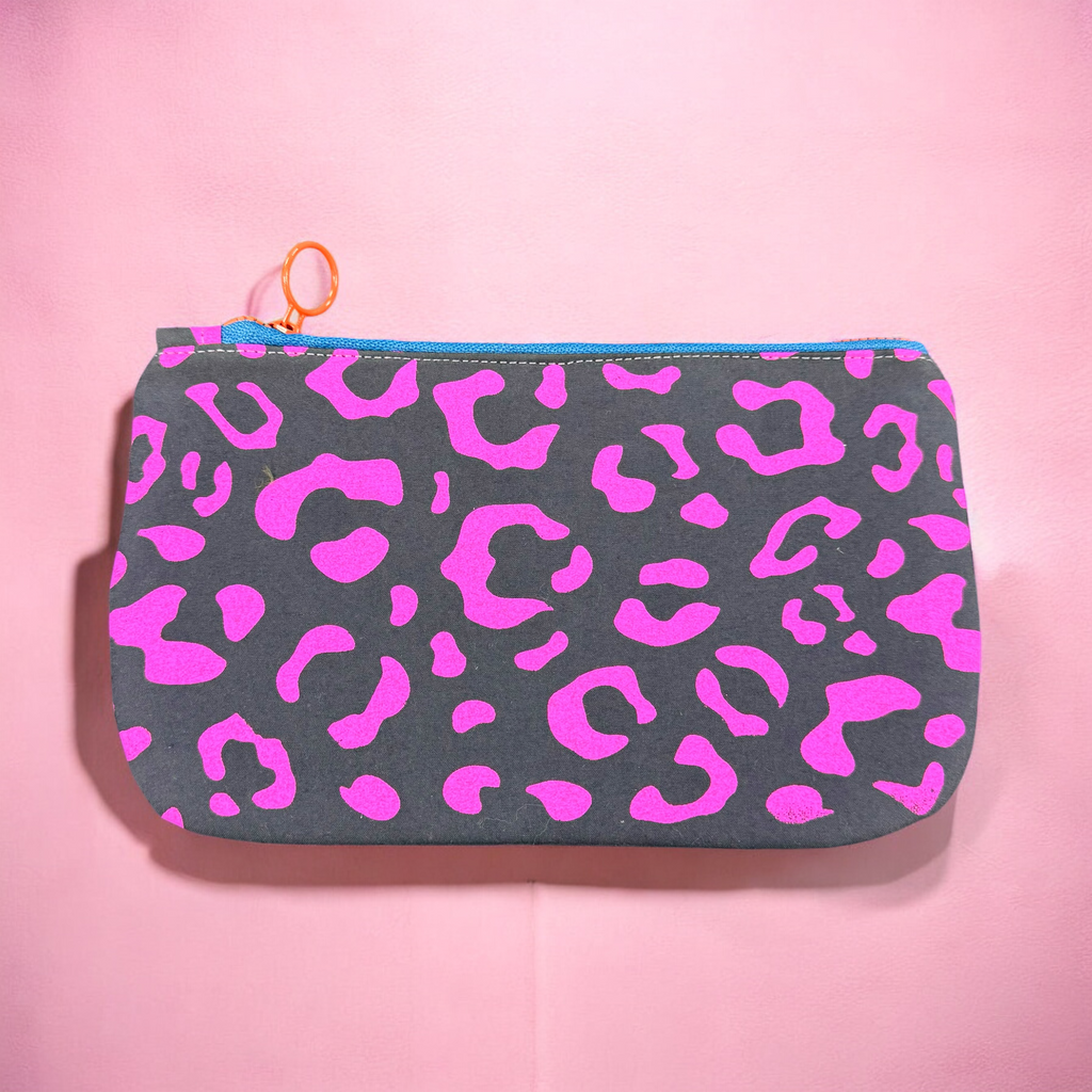 Handprinted  Waxed Cotton Pencil and Makeup Case Pink and Grey Leopard