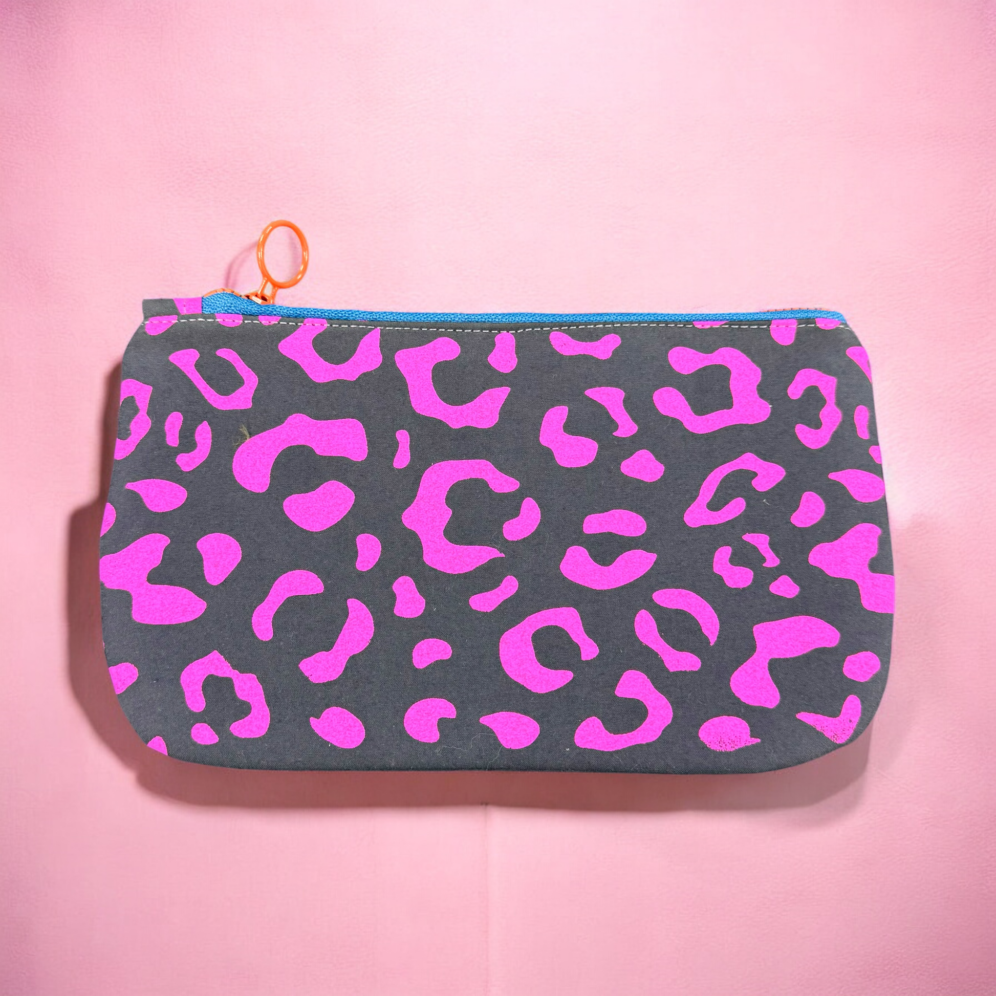 Handprinted  Waxed Cotton Pencil and Makeup Case Pink and Grey Leopard