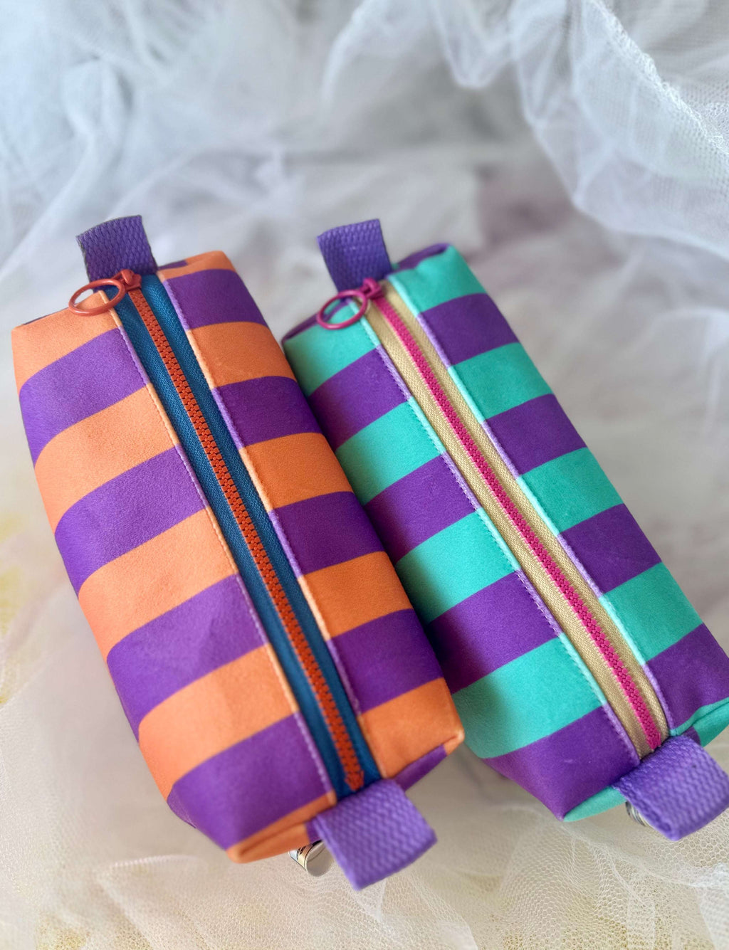 Striped Velvet Boxy Pouch | Waterproof Lining
