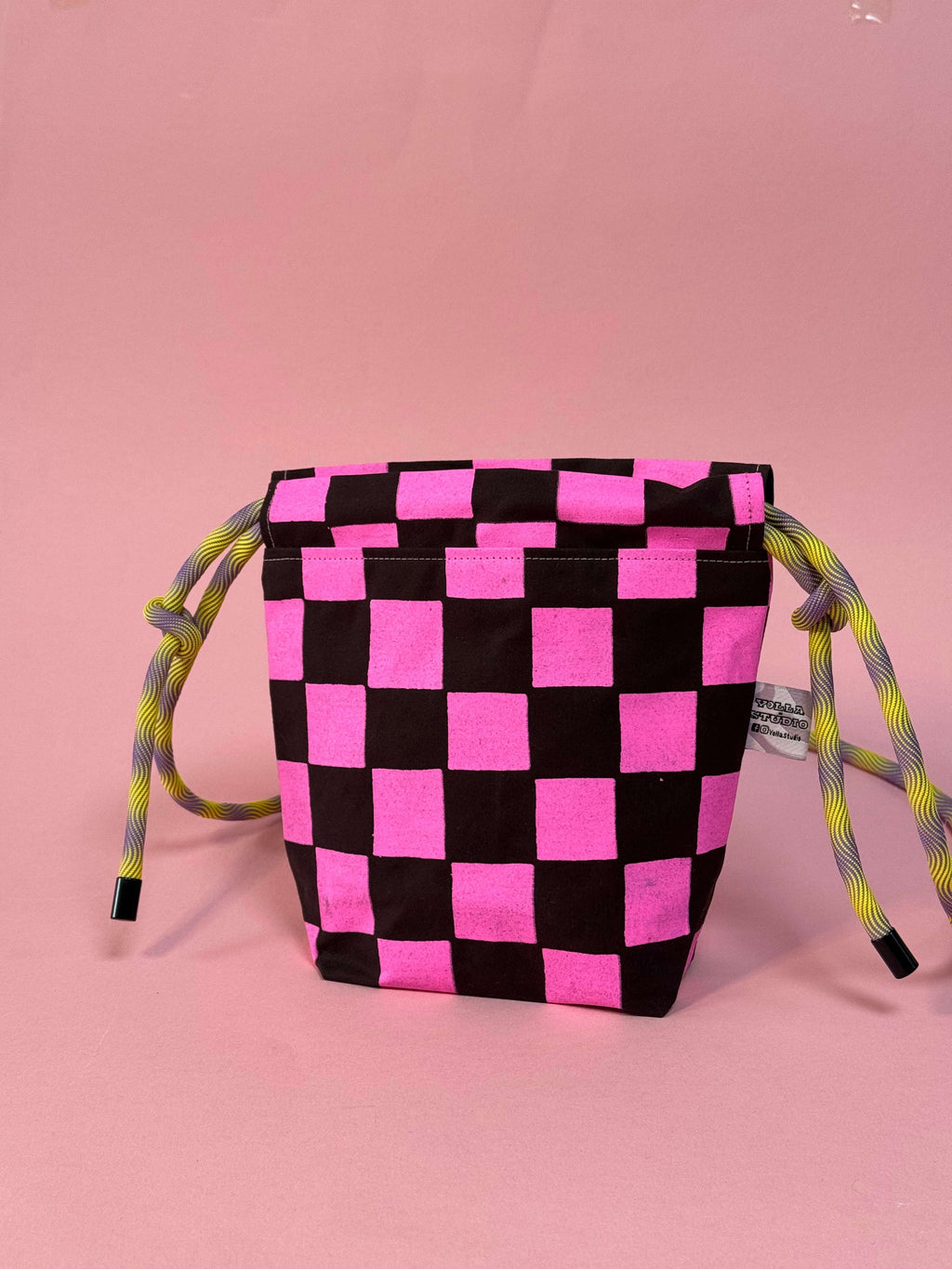 Mini Drawstring Crossbody - Funky Waxed Cotton Bag for Festivals & Dog Walks Pink and Burgundy Checkered