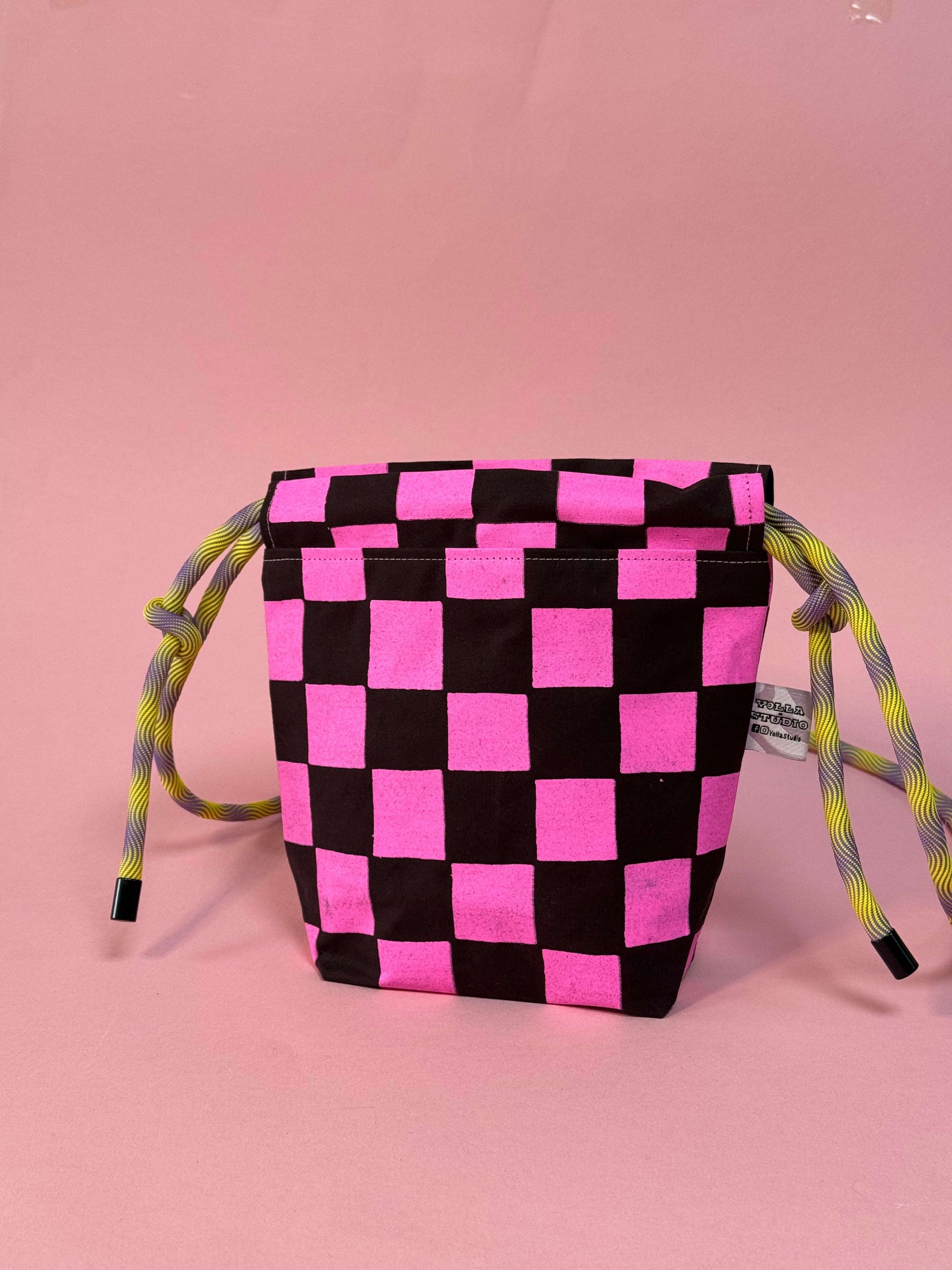 Mini Drawstring Crossbody - Funky Waxed Cotton Bag for Festivals & Dog Walks Pink and Burgundy Checkered