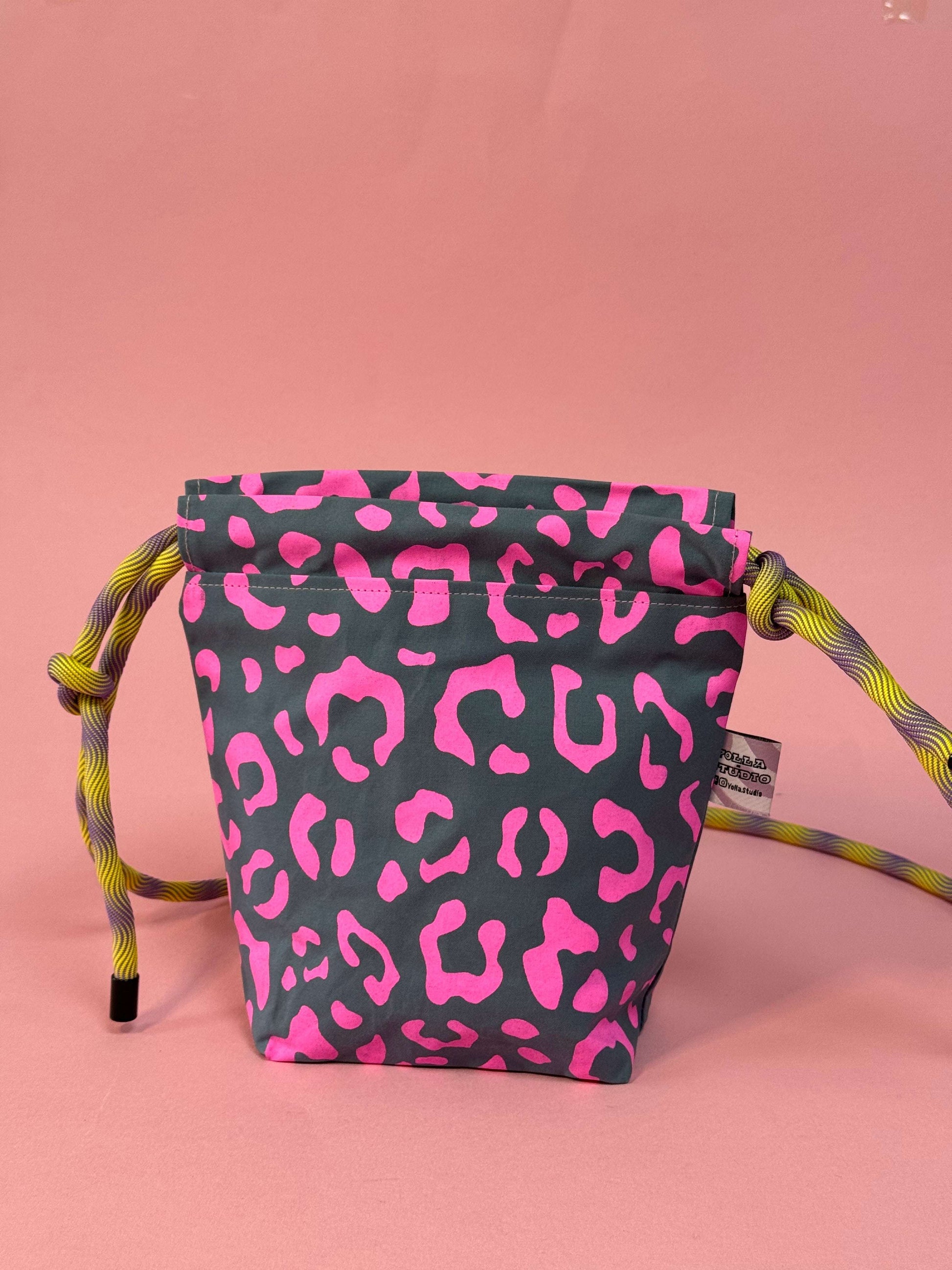 Mini Drawstring Crossbody - Funky Waxed Cotton Bag for Festivals & Dog Walks Pink and Teal Leopard
