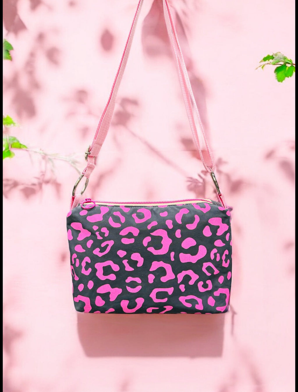 Pink Leopard Print on Grey Crossbody Bag