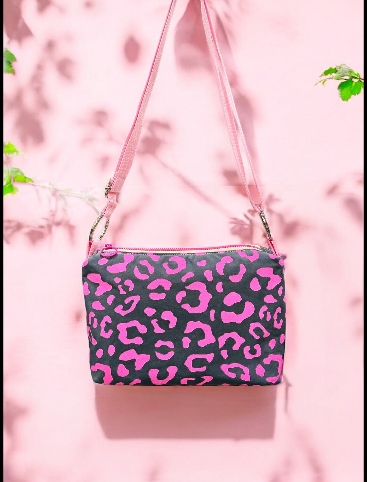 Pink Leopard Print on Grey Crossbody Bag