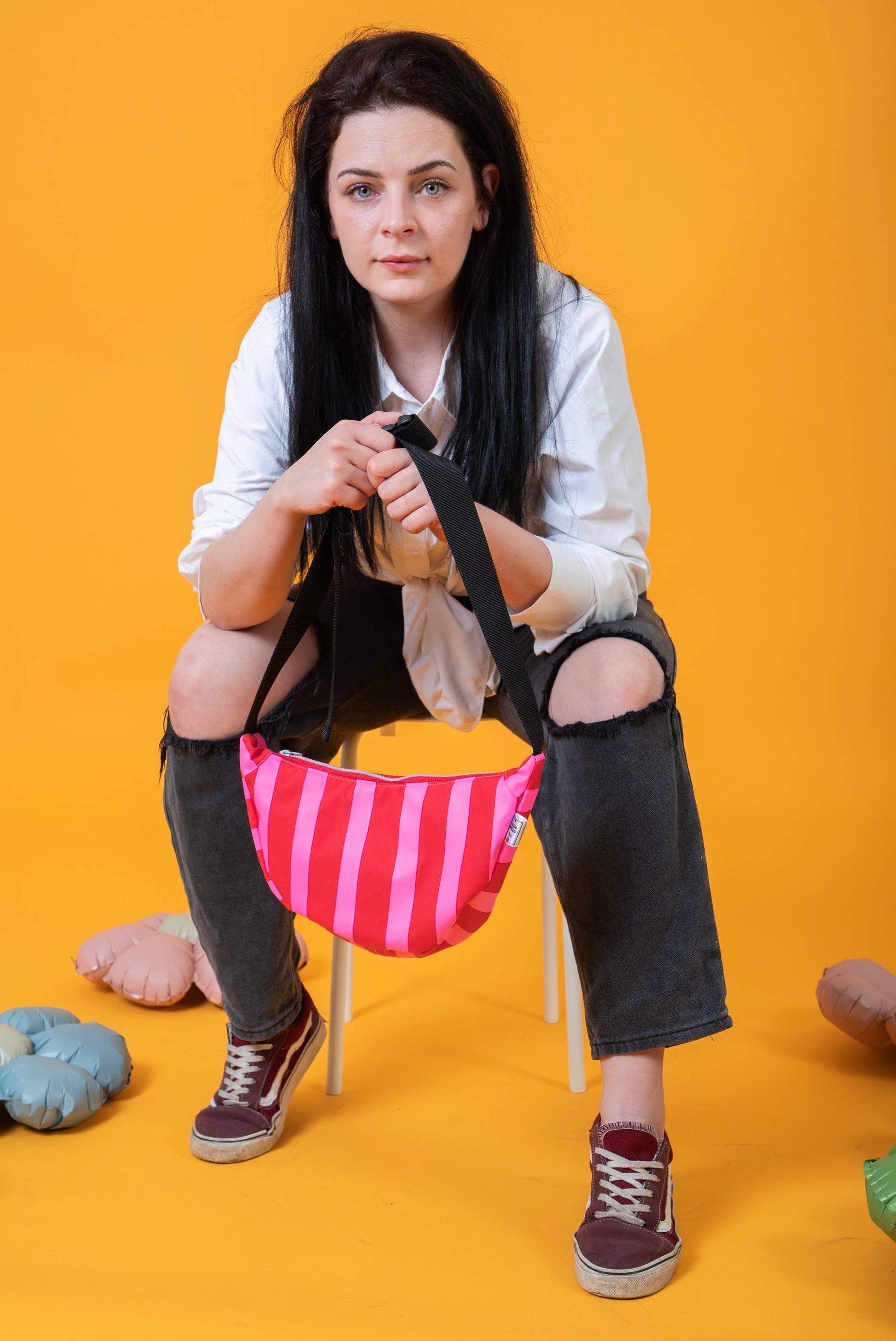 Pink and Red Sling Bag | Crossbody Bag | Adjustable Waxed Cotton Bag |Stripy Pattern Bag
