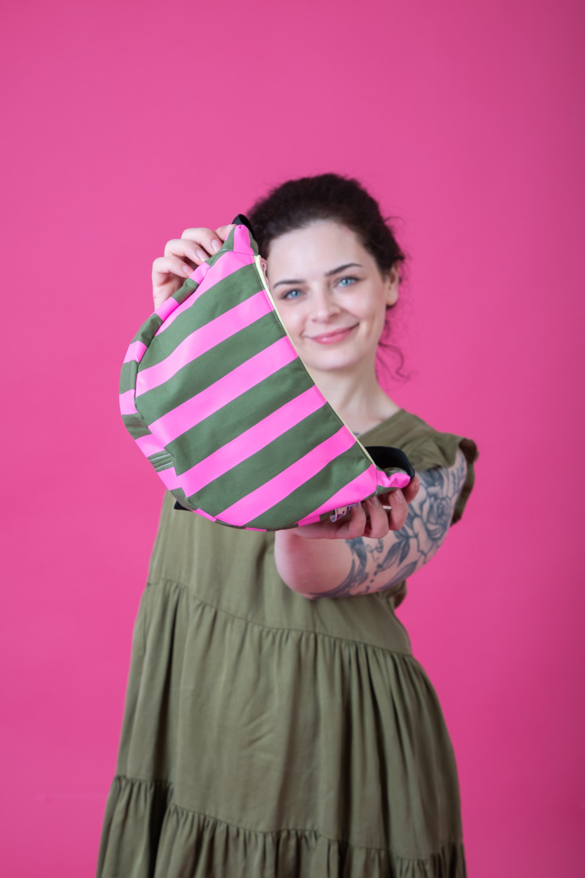 Pink and Green Stripes Sling Bag | Crossbody Bag | Adjustable Waxed Cotton Bag |Stripy Pattern Bag