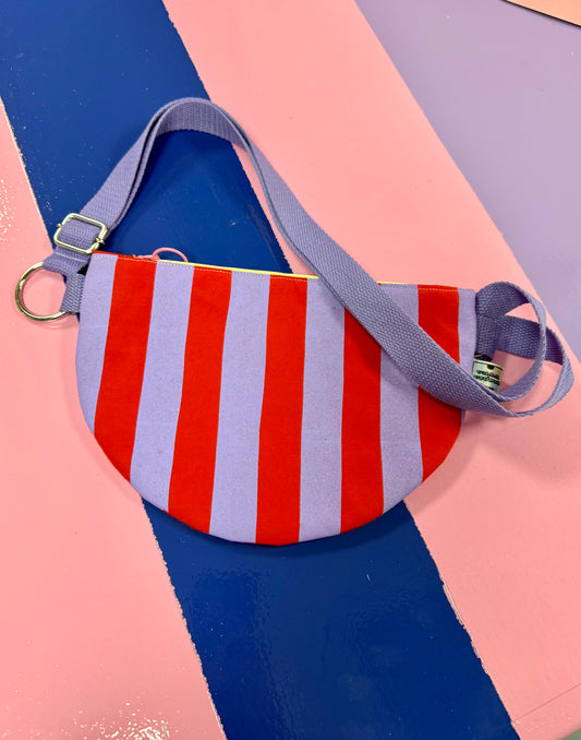 Trendy Red & Purple Stripey Pattern Semi Circle Crossbody Bag