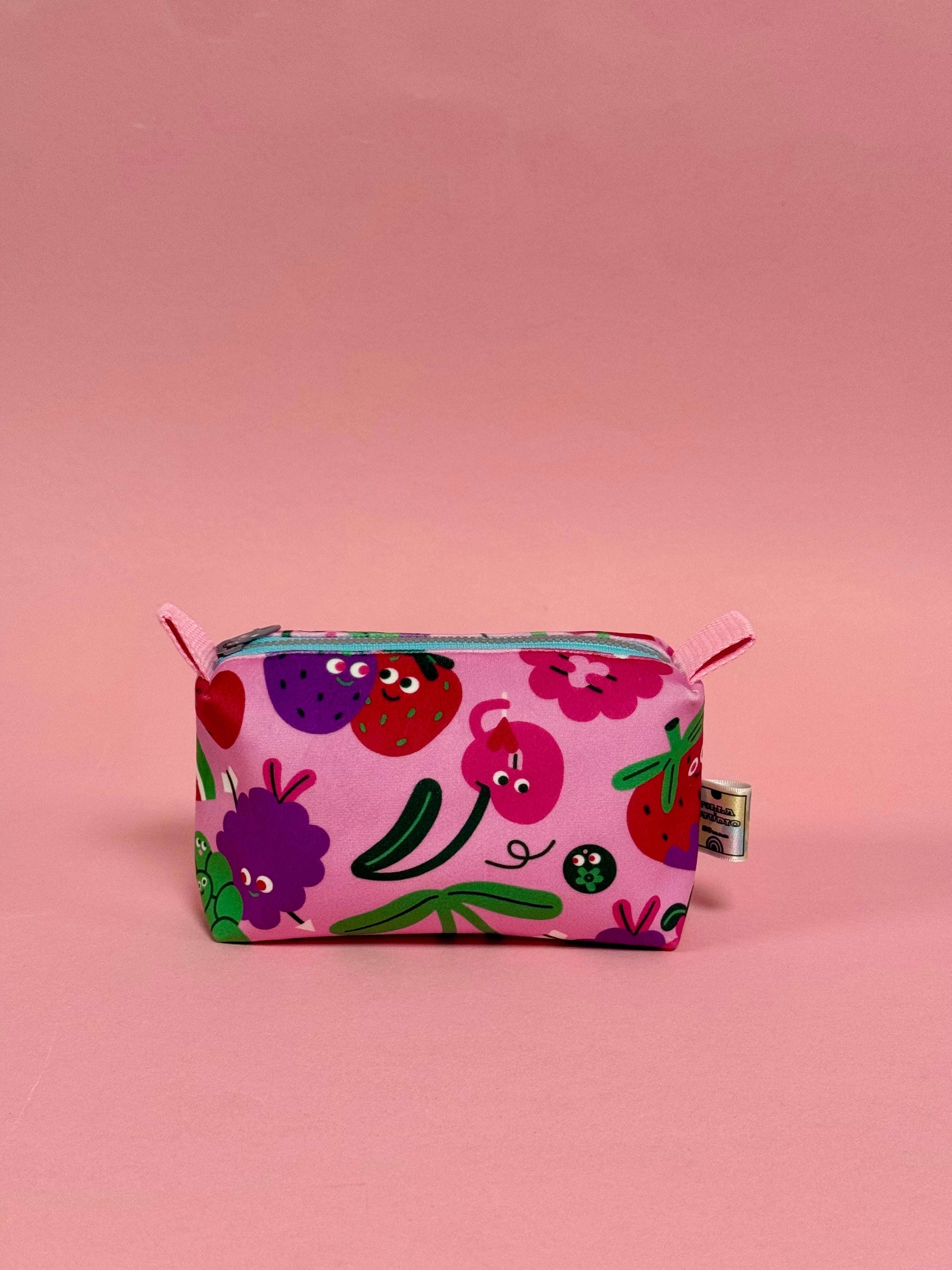 Mini Velvet Boxy Pouch -Fruity Illustration Travel Case - Dundee Made