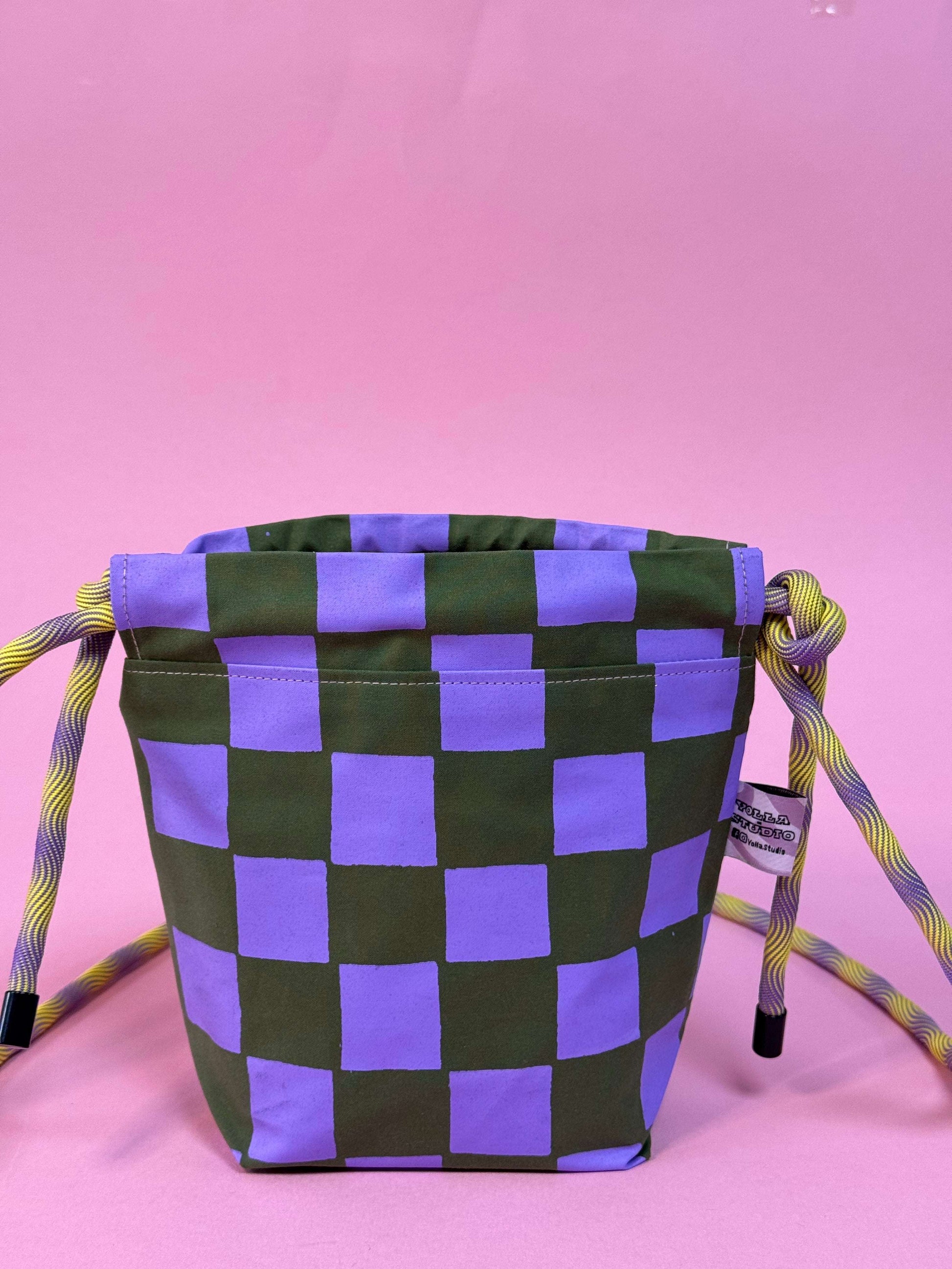 Mini Drawstring Crossbody - Funky Waxed Cotton Bag for Festivals & Dog Walks Purple and Green Checkered