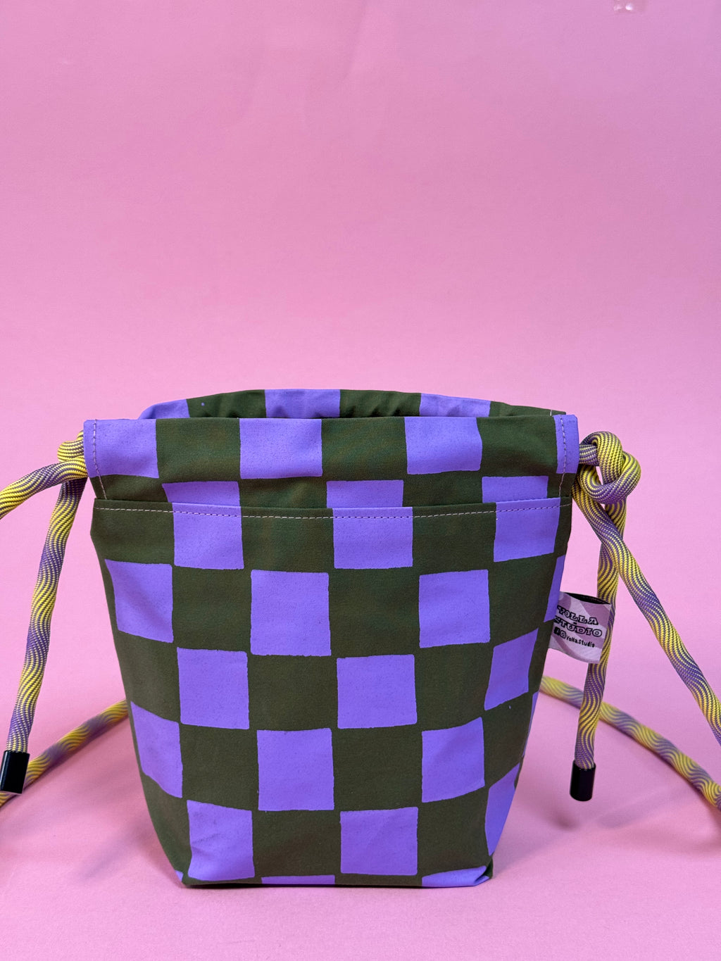 The Mini Drawstring Crossbody GREEN AND PURPLE CHECK