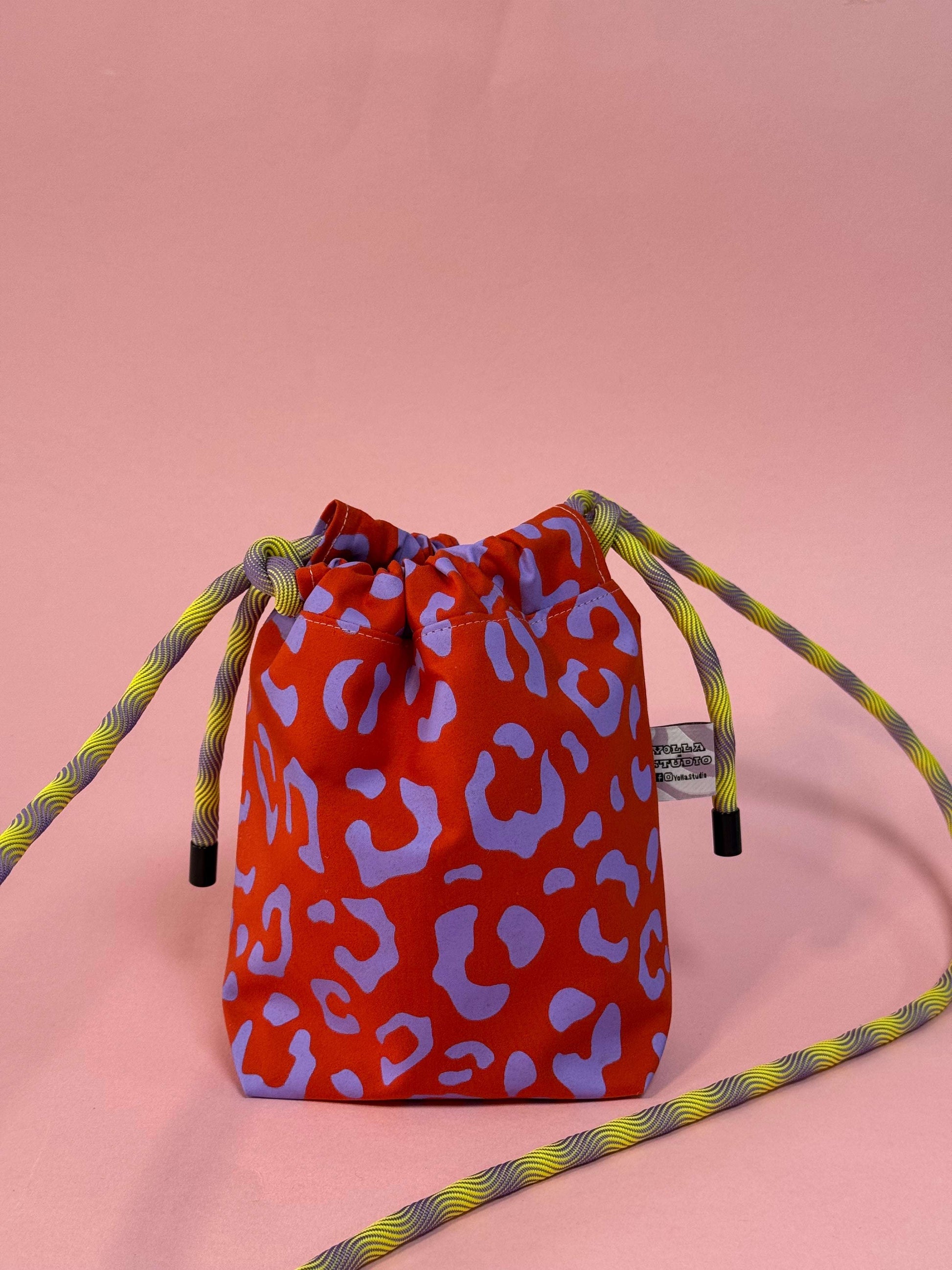 Mini Drawstring Crossbody - Funky Waxed Cotton Bag for Festivals & Dog Walks Purple and Red Leopard