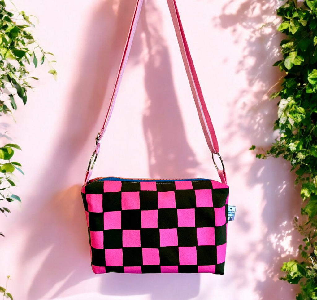 Crossbody Bag | Adjustable Waxed Cotton Bag |Checkered Pattern Bag