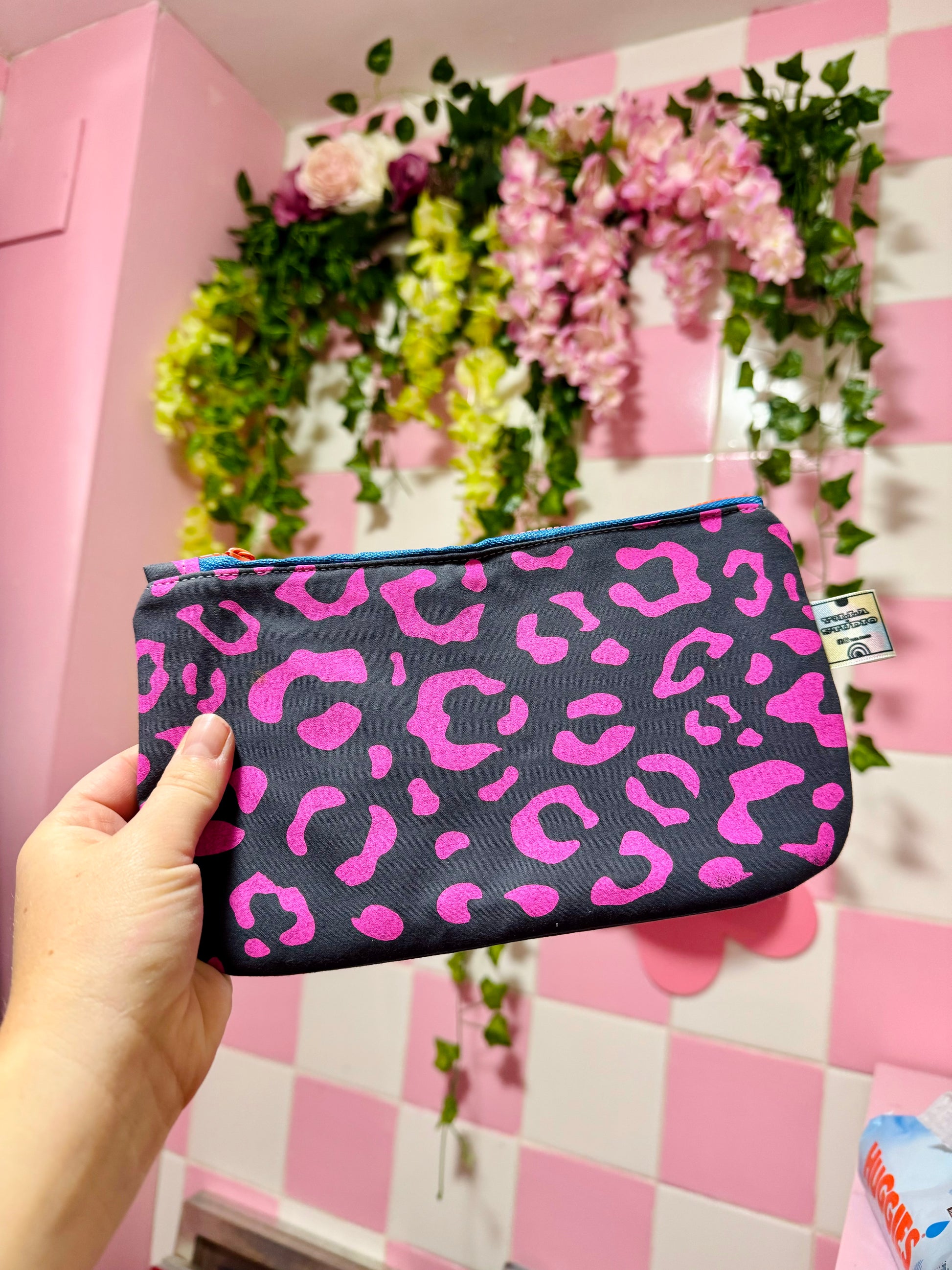 Handprinted  Waxed Cotton Pencil and Makeup Case Pink and Grey Leopard