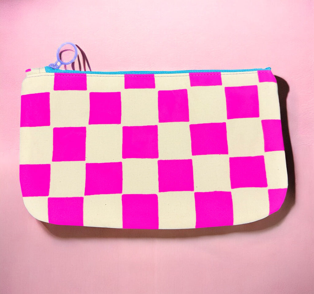 Handprinted  Waxed Cotton Pencil and Makeup Case Pink and Natural Checkered