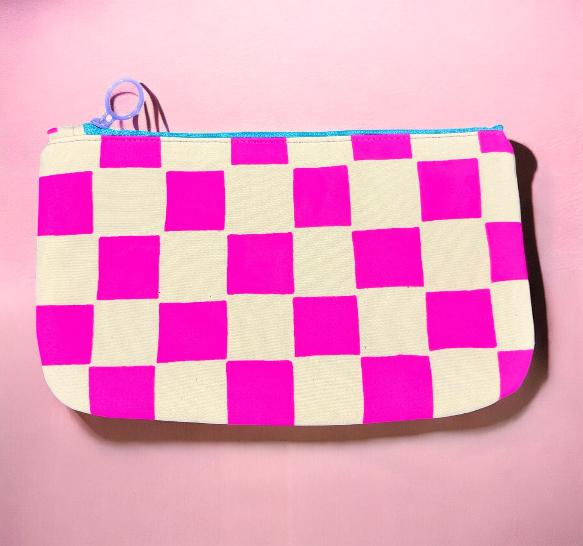 Handprinted  Waxed Cotton Pencil and Makeup Case Pink and Natural Checkered