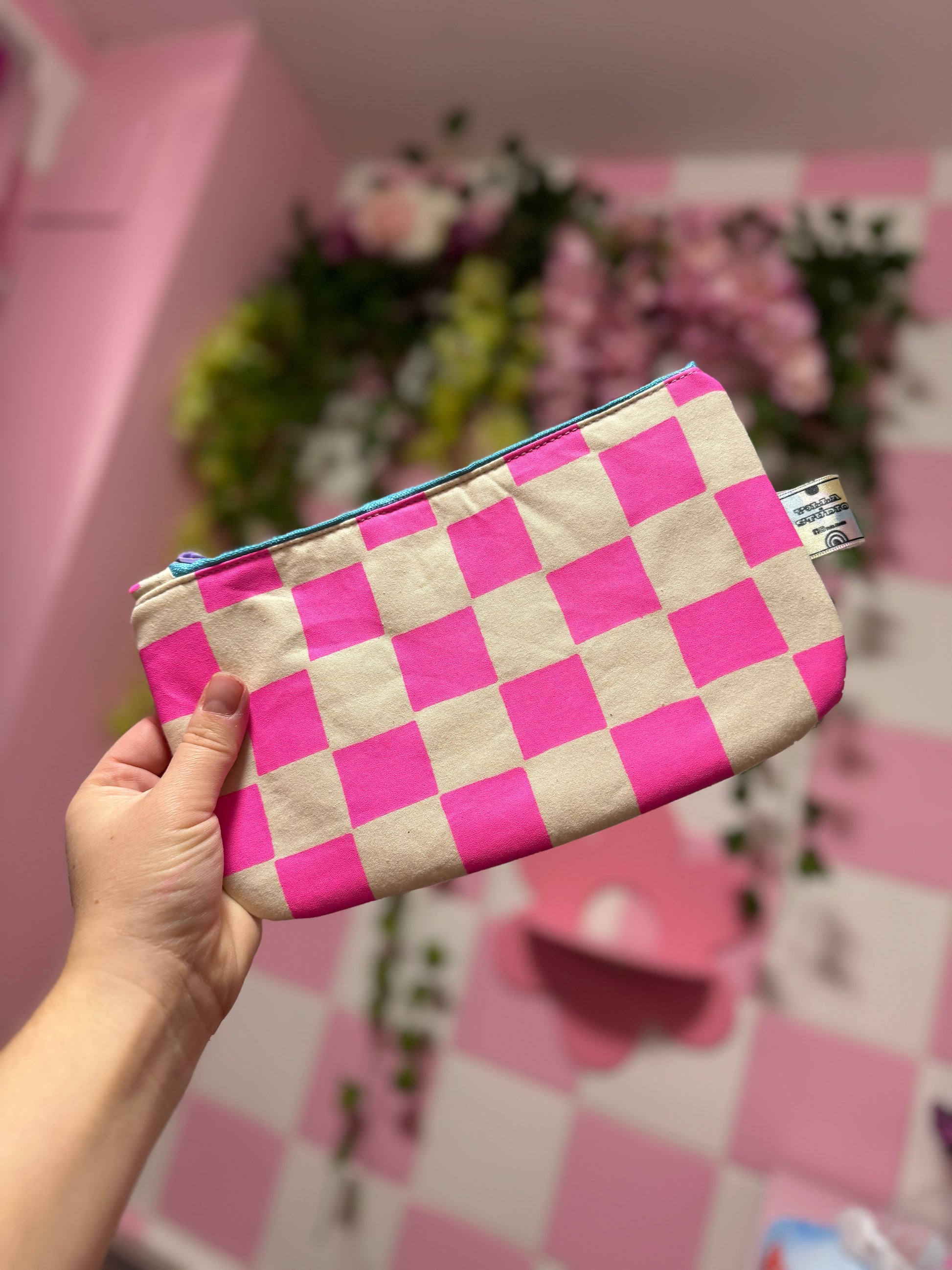 Handprinted  Waxed Cotton Pencil and Makeup Case Pink and Natural Checkered