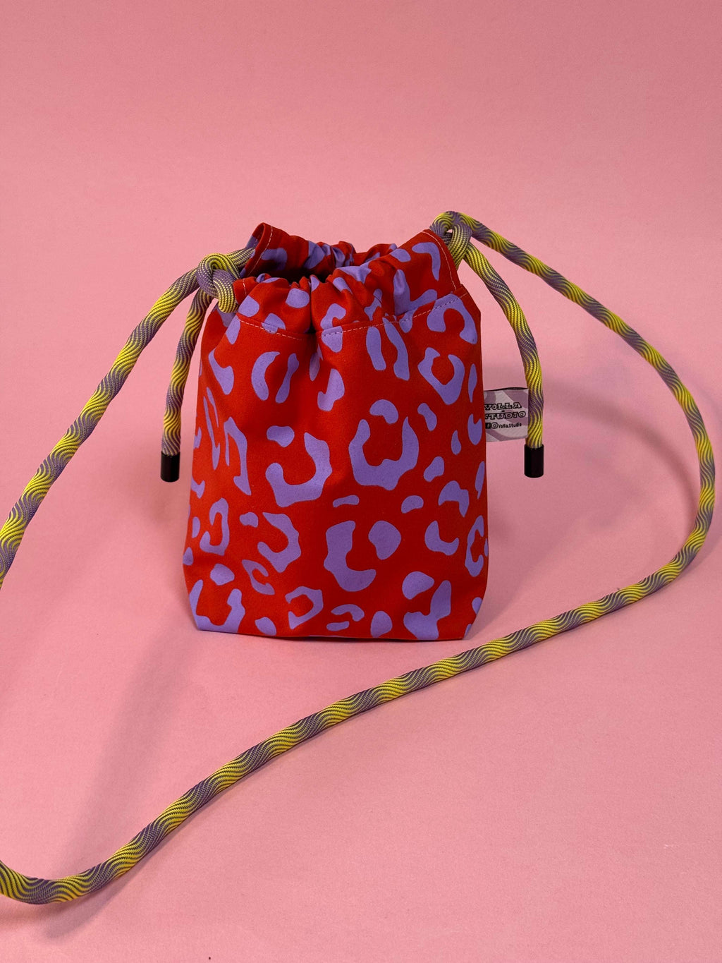 Mini Drawstring Crossbody - Funky Waxed Cotton Bag for Festivals & Dog Walks Purple and Red Leopard