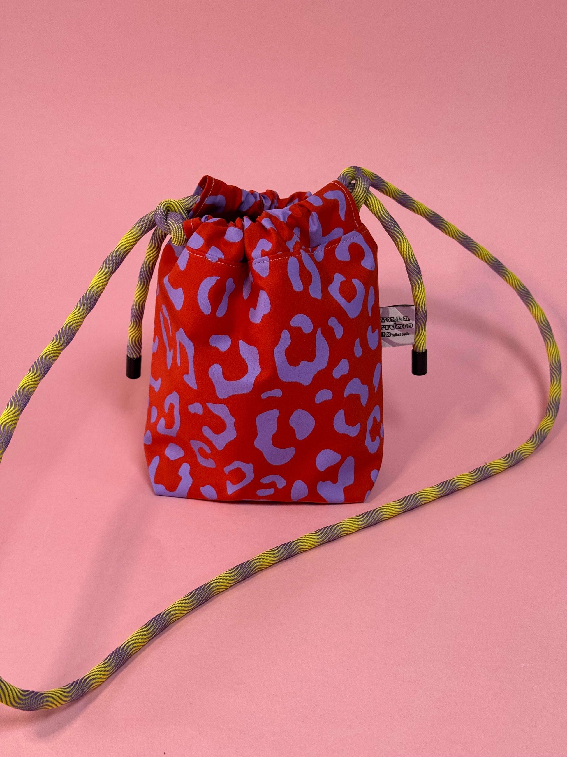 Mini Drawstring Crossbody - Funky Waxed Cotton Bag for Festivals & Dog Walks Purple and Red Leopard