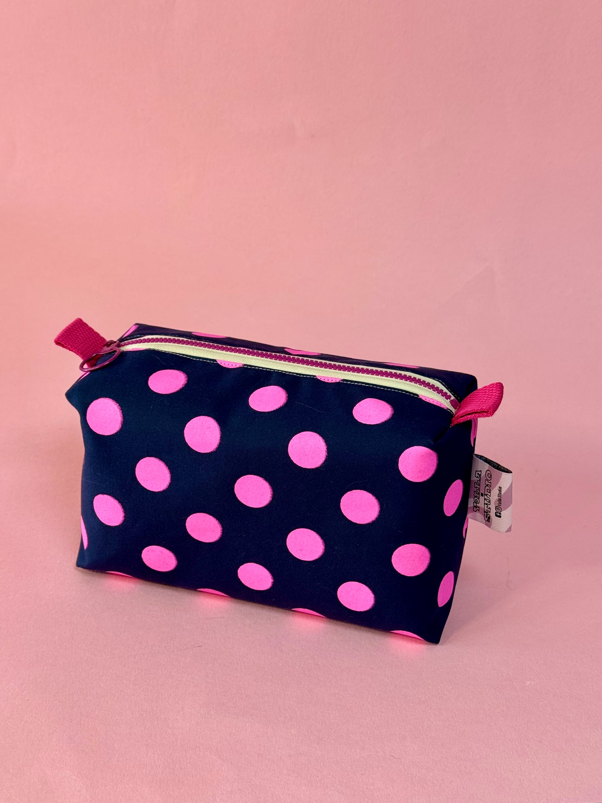 Versatile Boxy Pouch for Travel & Accessories |Pink and Navy Blue Polka Dots Travel Bag