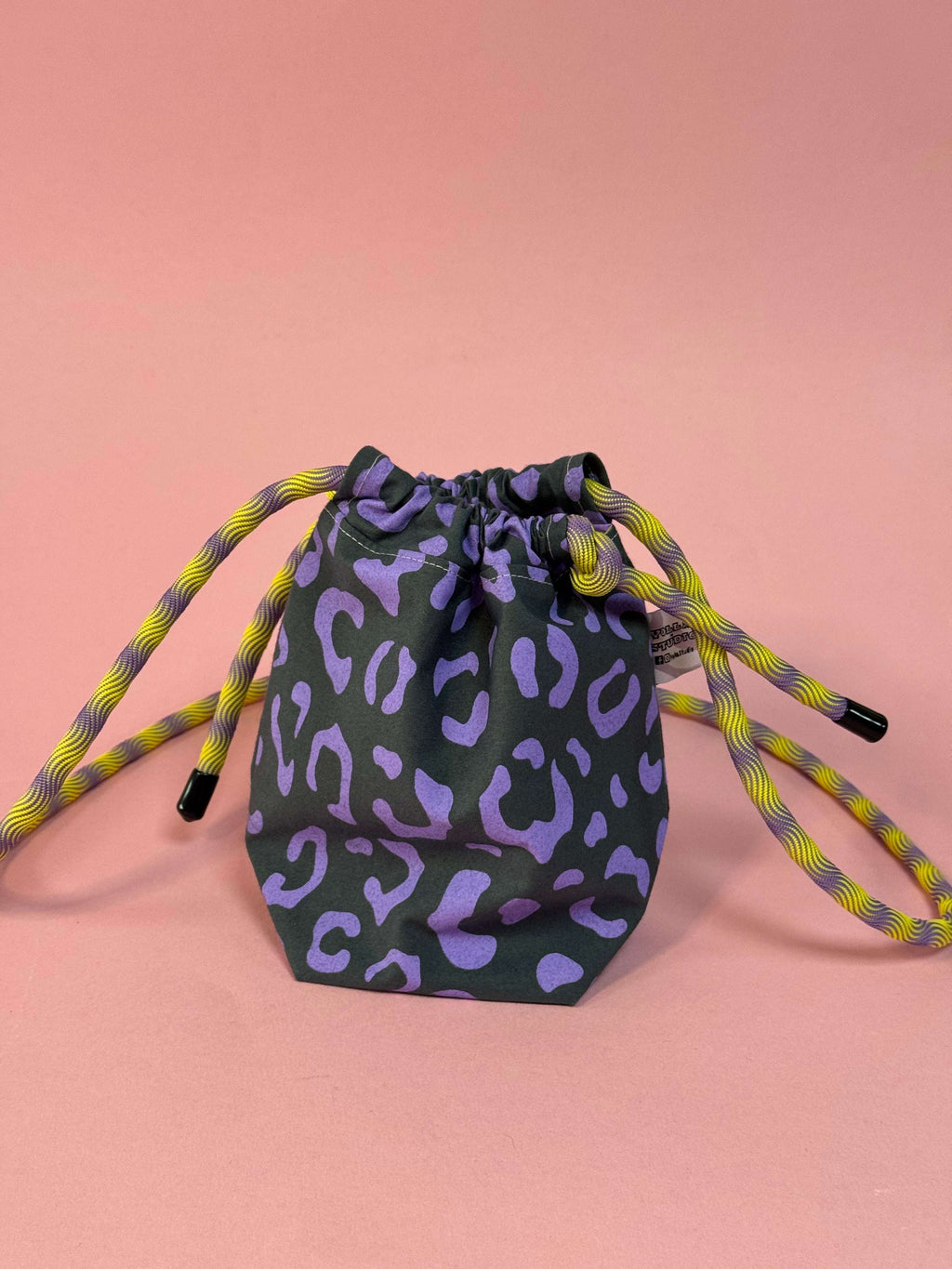 Mini Drawstring Crossbody - Funky Waxed Cotton Bag for Festivals & Dog Walks Purple and Grey Leopard