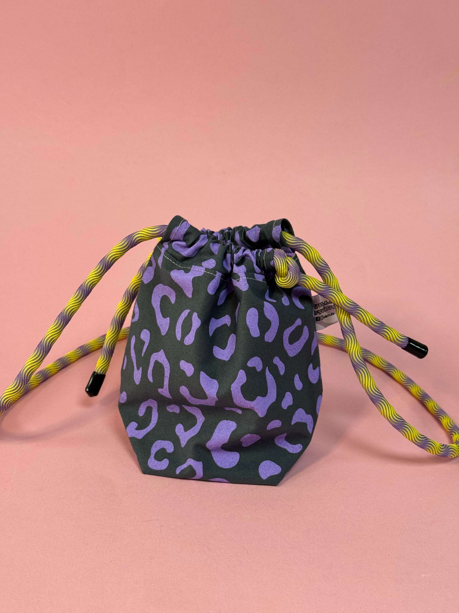 Mini Drawstring Crossbody - Funky Waxed Cotton Bag for Festivals & Dog Walks Purple and Grey Leopard