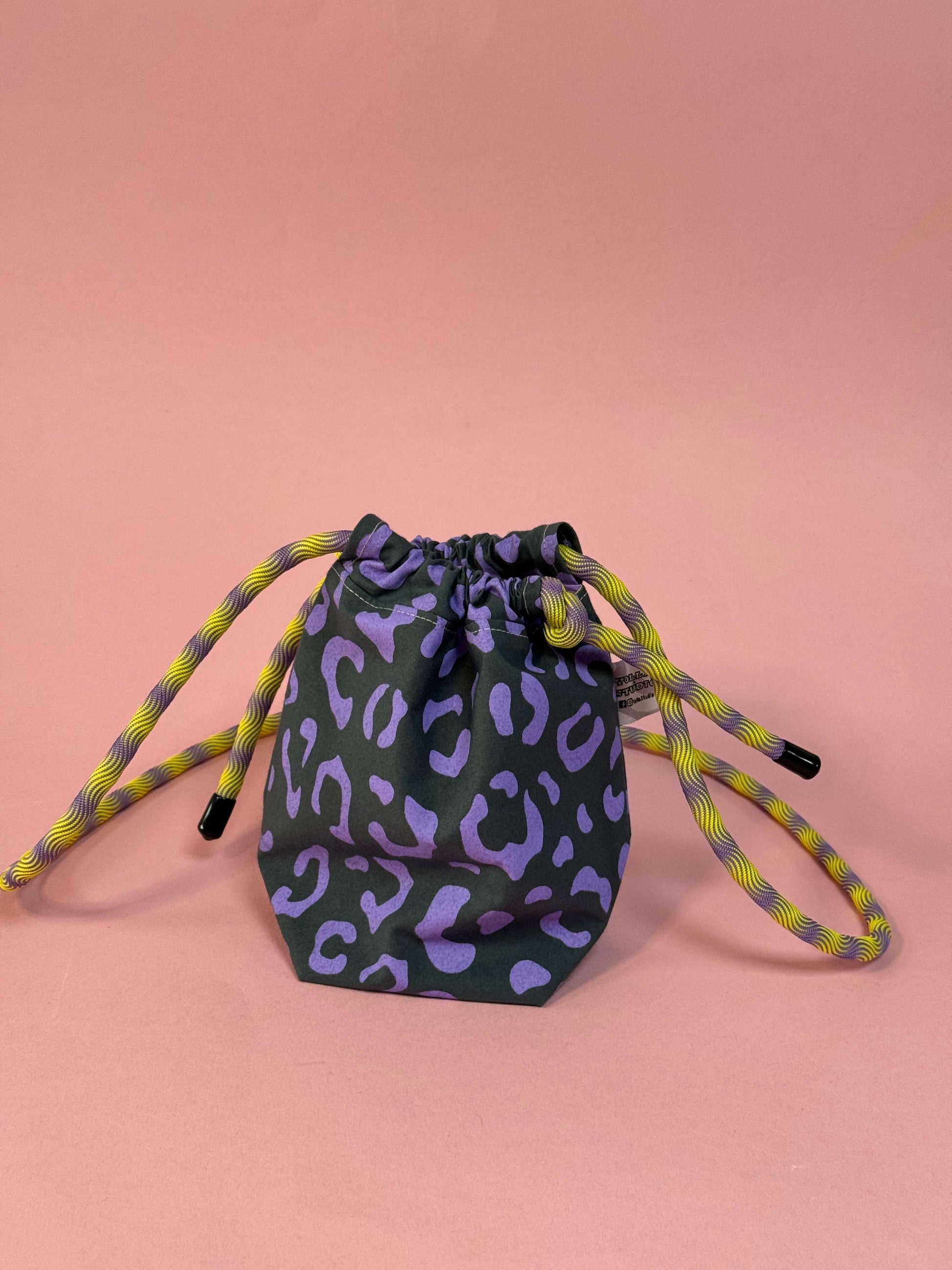 Mini Drawstring Crossbody - Funky Waxed Cotton Bag for Festivals & Dog Walks Purple and Grey Leopard