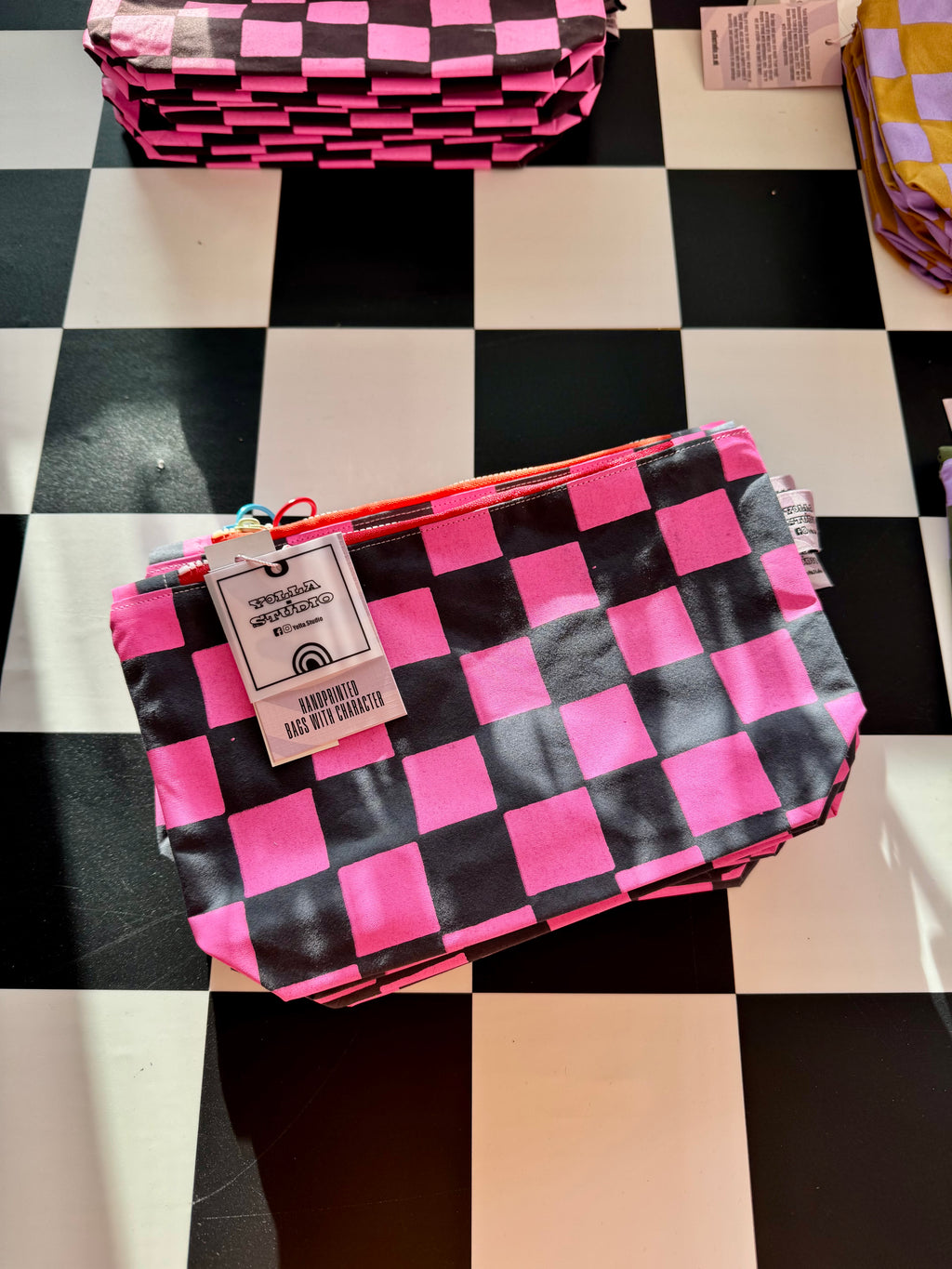 Pink and Dark Grey Checkered print Small cosmetic bag
