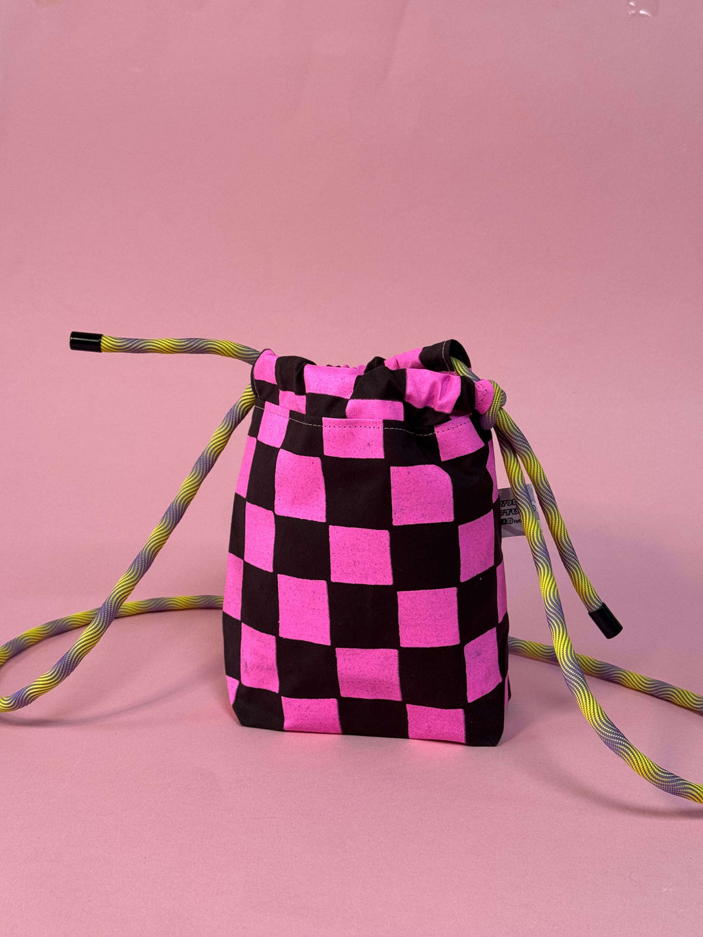 Mini Drawstring Crossbody - Funky Waxed Cotton Bag for Festivals & Dog Walks Pink and Burgundy Checkered