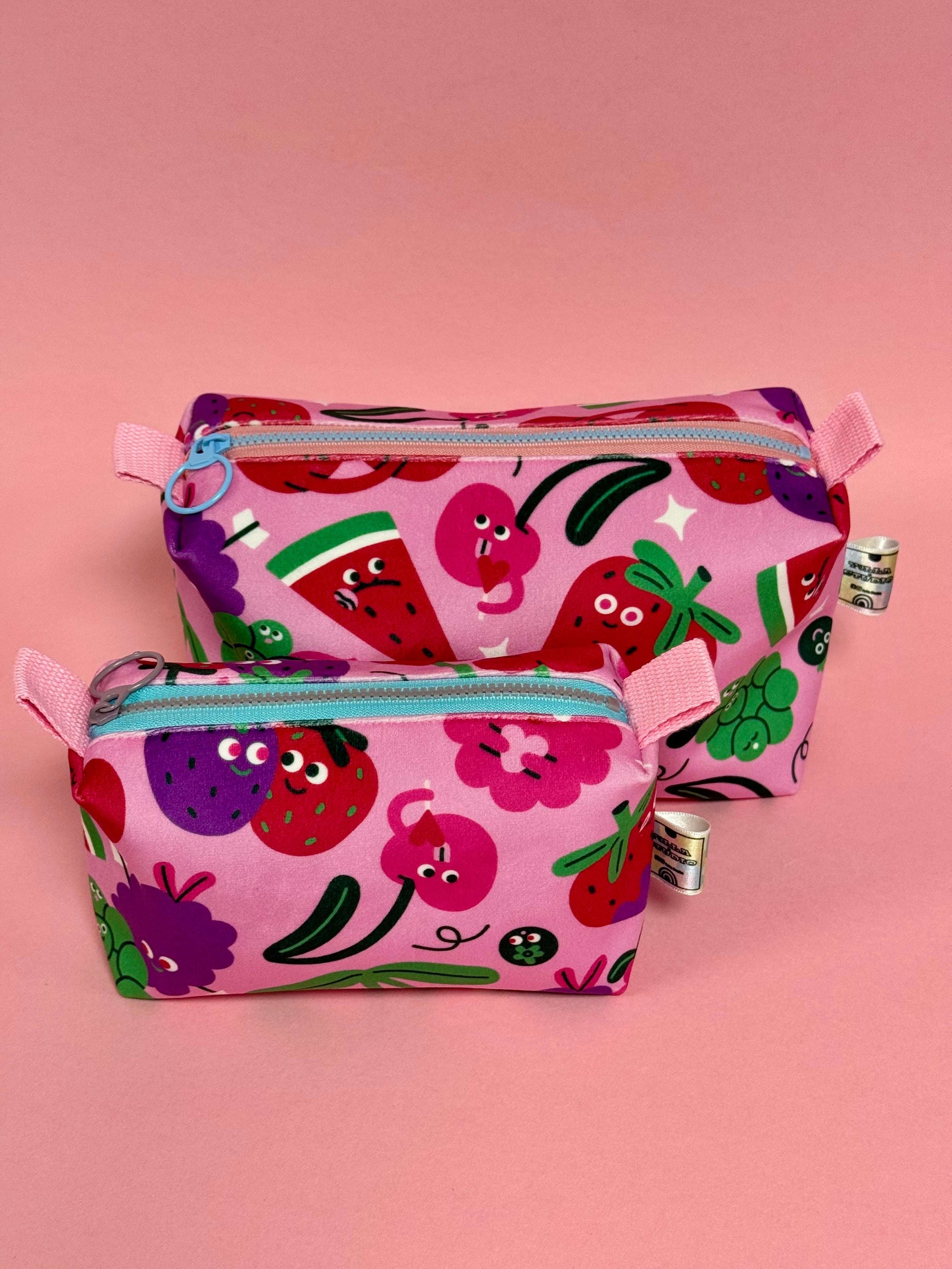 Mini Velvet Boxy Pouch -Fruity Illustration Travel Case - Dundee Made