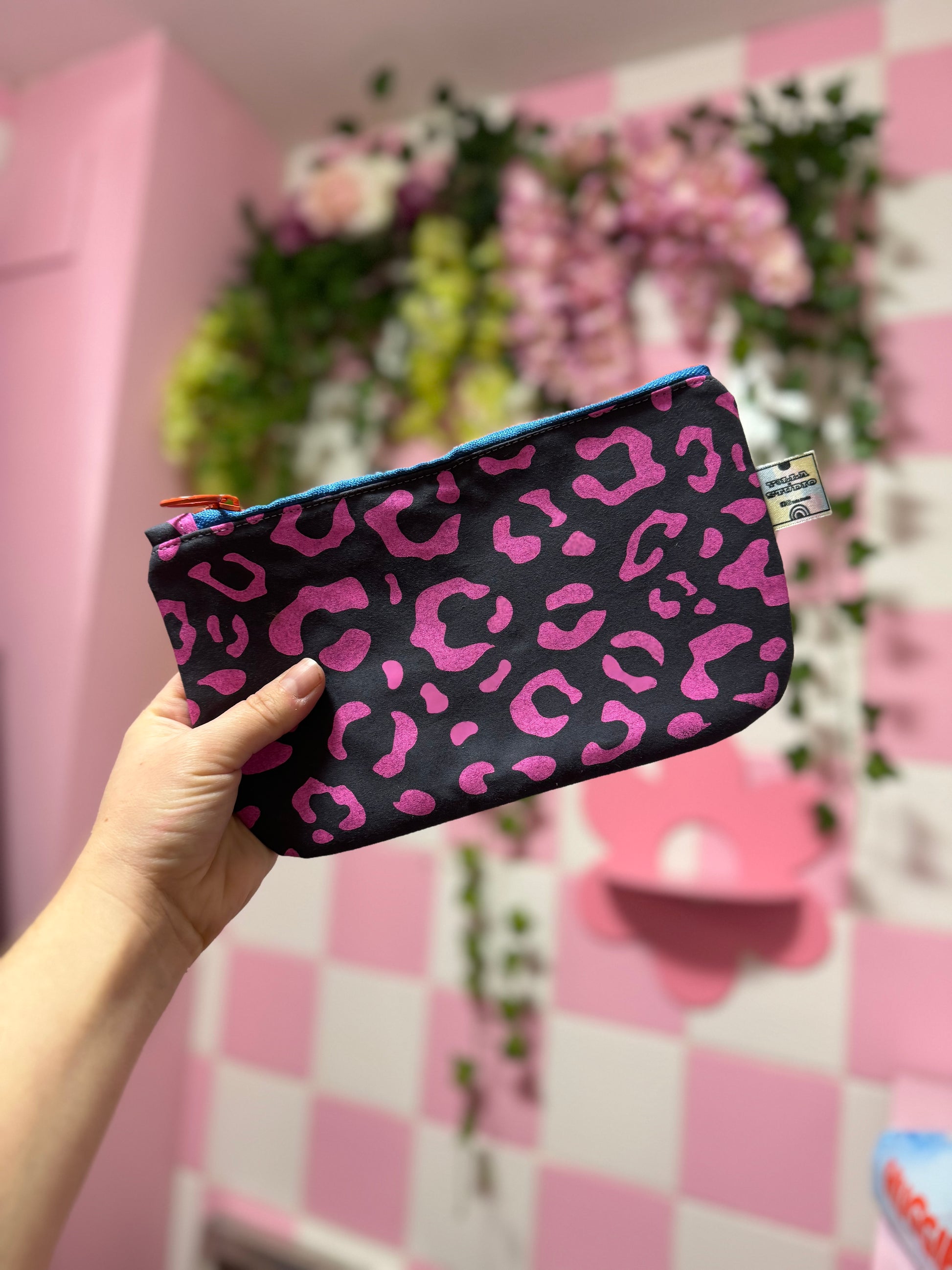 Handprinted  Waxed Cotton Pencil and Makeup Case Pink and Grey Leopard