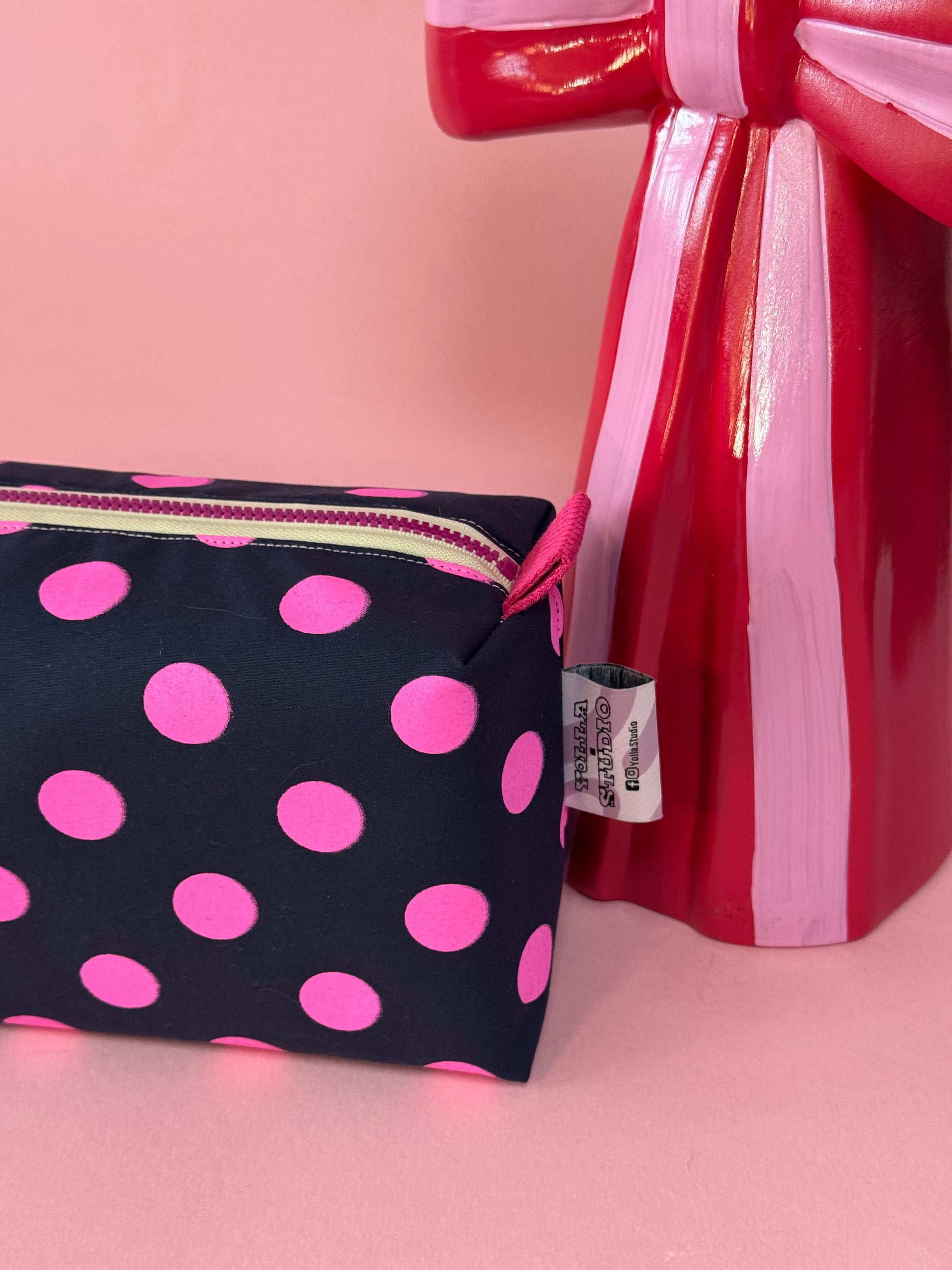 Versatile Boxy Pouch for Travel & Accessories |Pink and Navy Blue Polka Dots Travel Bag