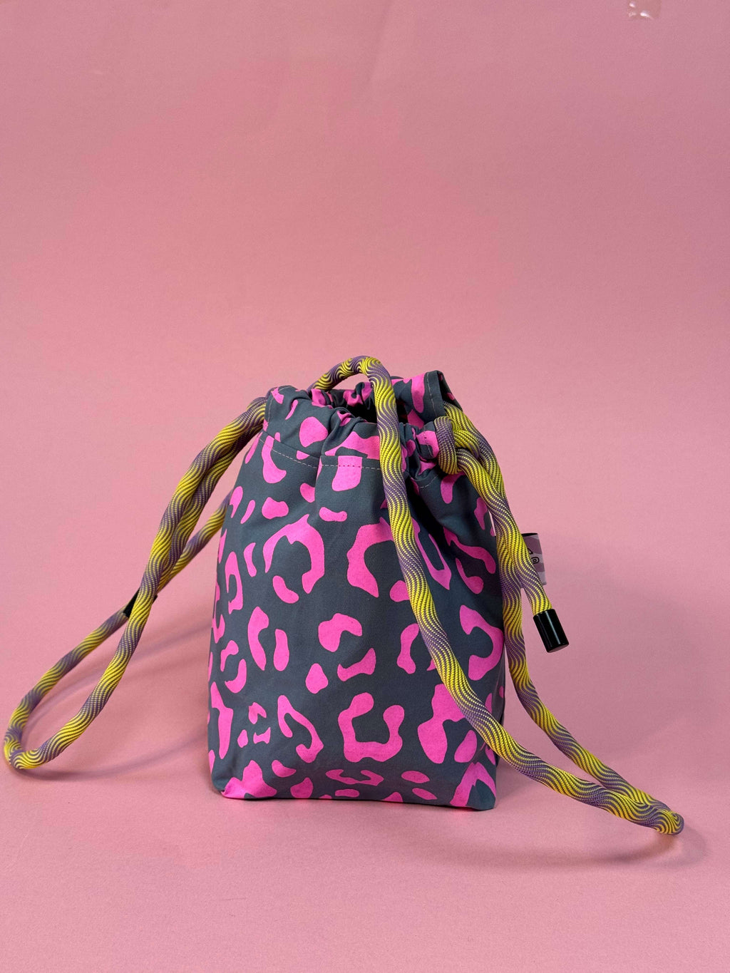 Mini Drawstring Crossbody - Funky Waxed Cotton Bag for Festivals & Dog Walks Pink and Teal Leopard