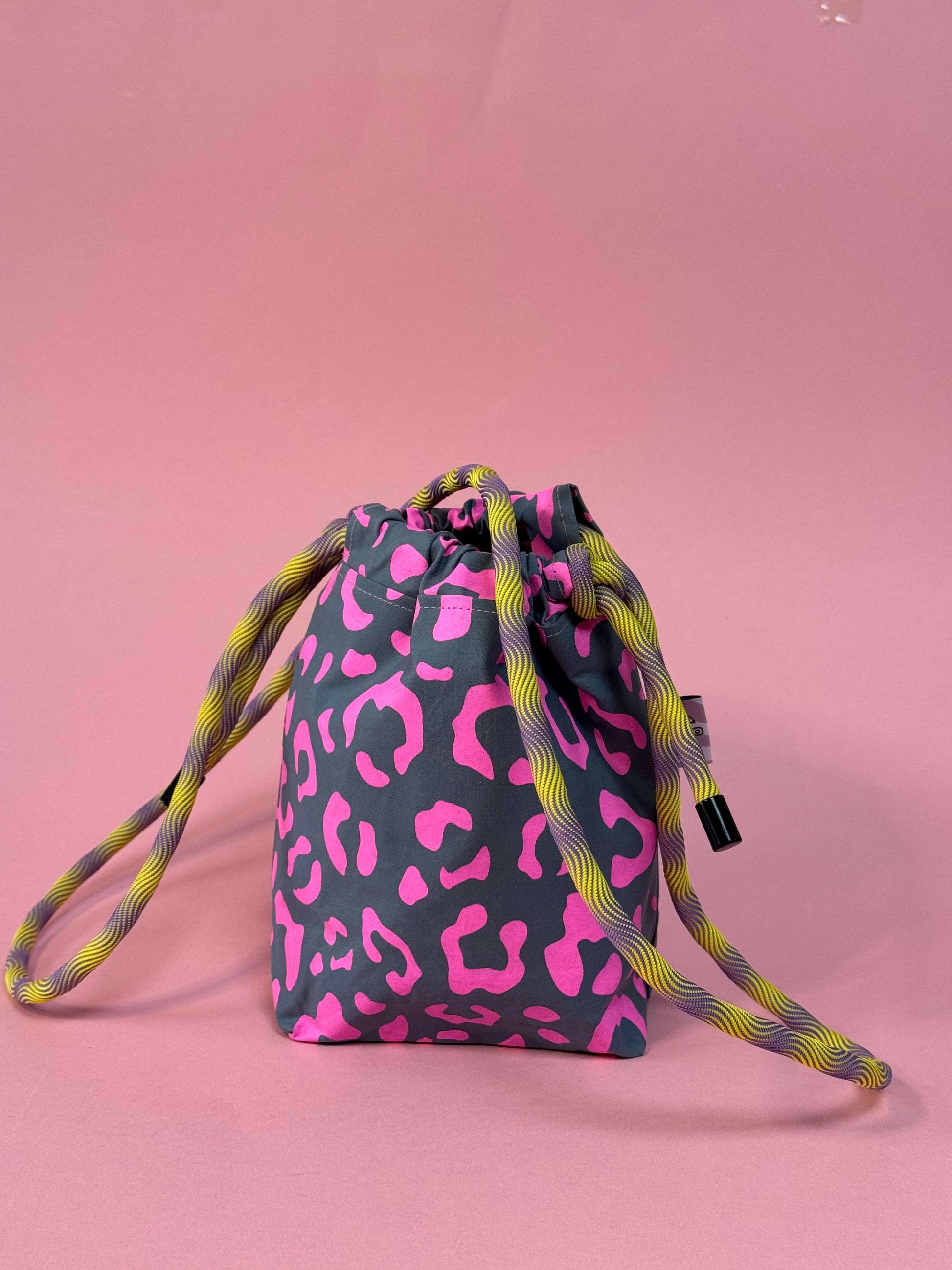 Mini Drawstring Crossbody - Funky Waxed Cotton Bag for Festivals & Dog Walks Pink and Teal Leopard